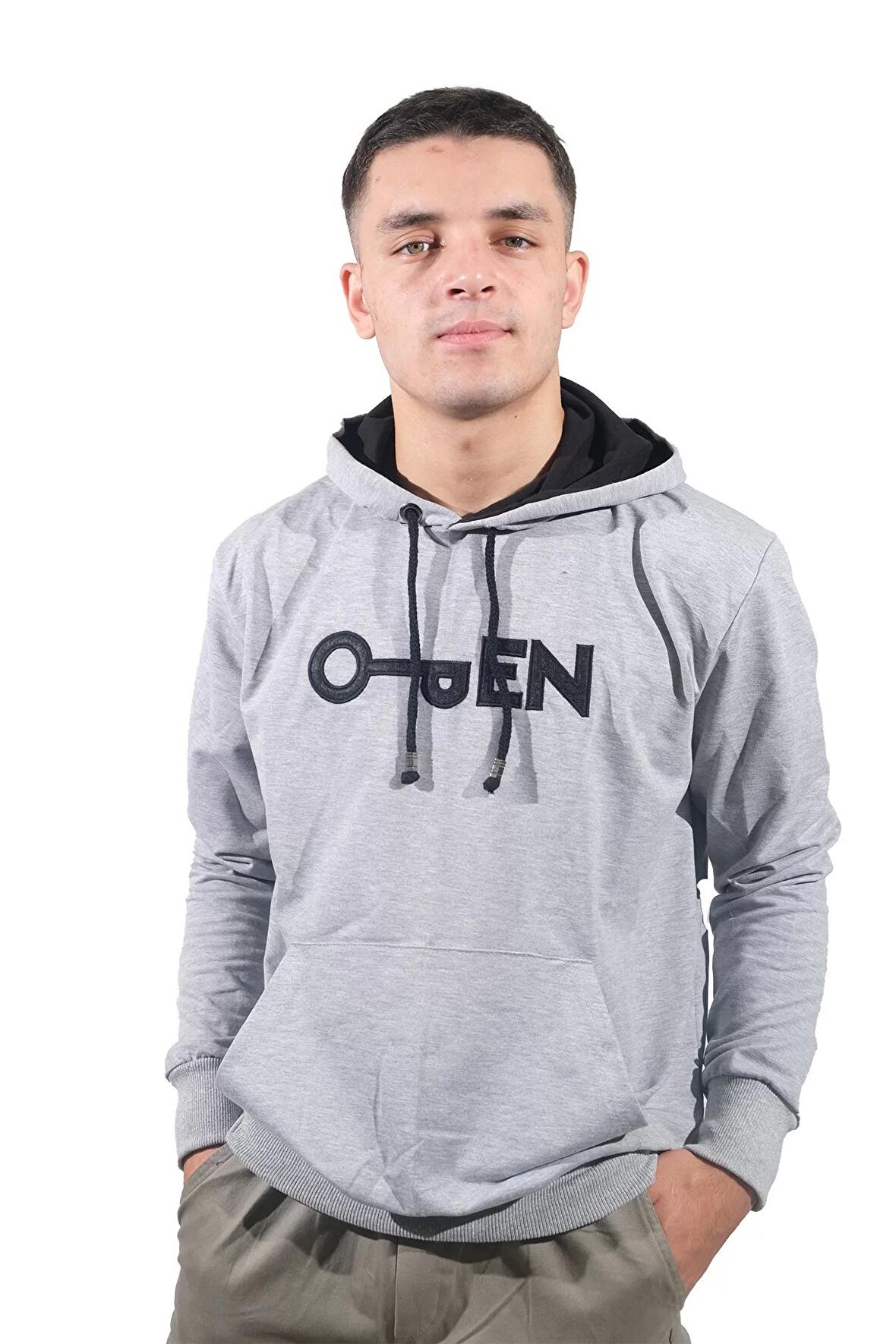 Erkek Open Kanguru Gri Kapüşonlu Sweatshirt-806