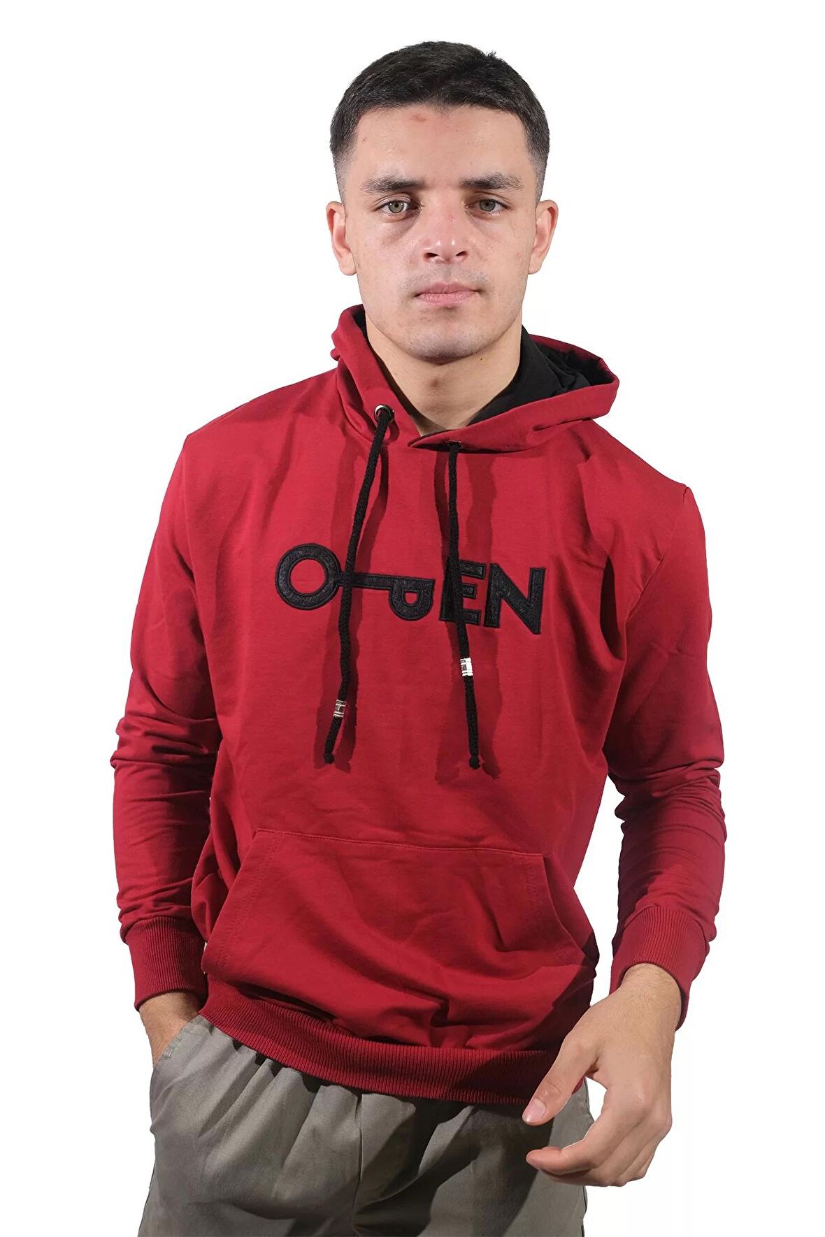 Erkek Open Kanguru Bordo Kapüşonlu Sweatshirt-802