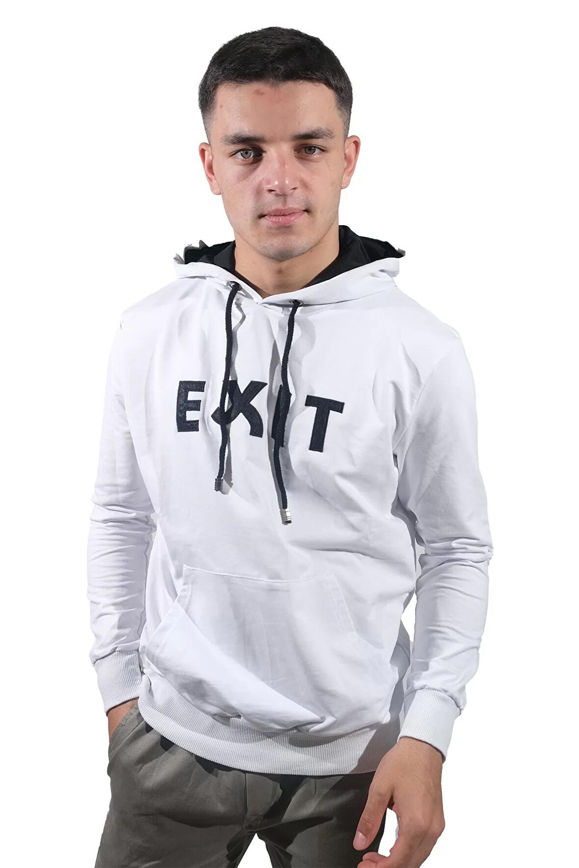 Erkek Exıt Kanguru Beyaz Kapüşonlu Sweatshirt-905