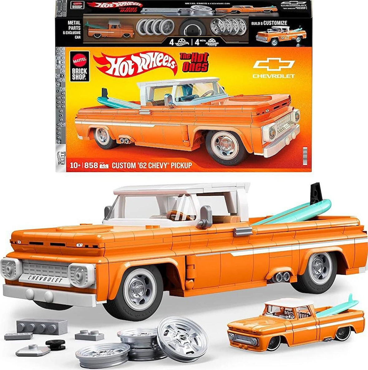 Mattel Brick Shop ™ Hot Wheels® Elite Serisi - Custom '62 Chevy Pickup Yapı Oyuncağı Seti (858 Parça), Koleksiyoncular Için JFT20