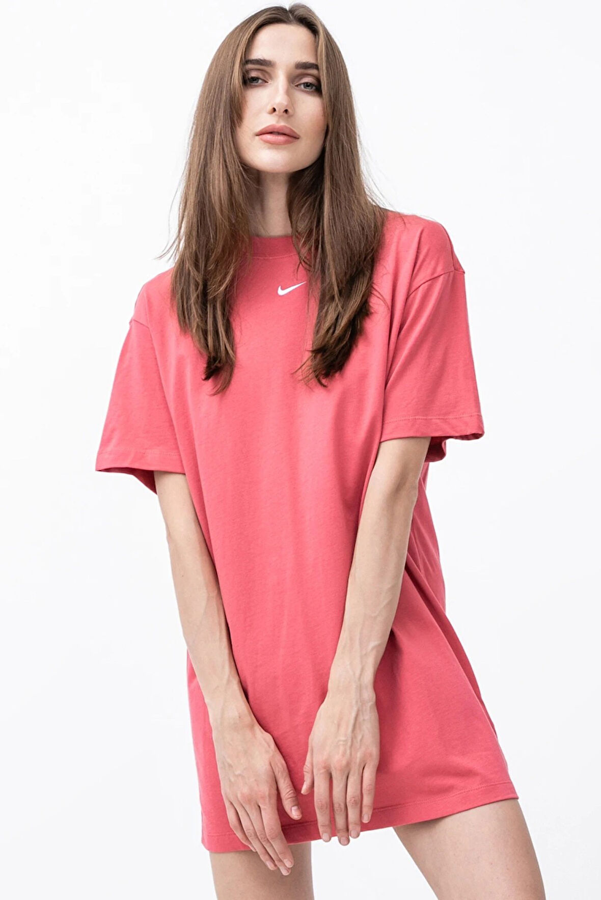 Nike Sportswear Organic Cotton Short Sleve Dress Nakış Swooslu Elbise Koyu Pembe