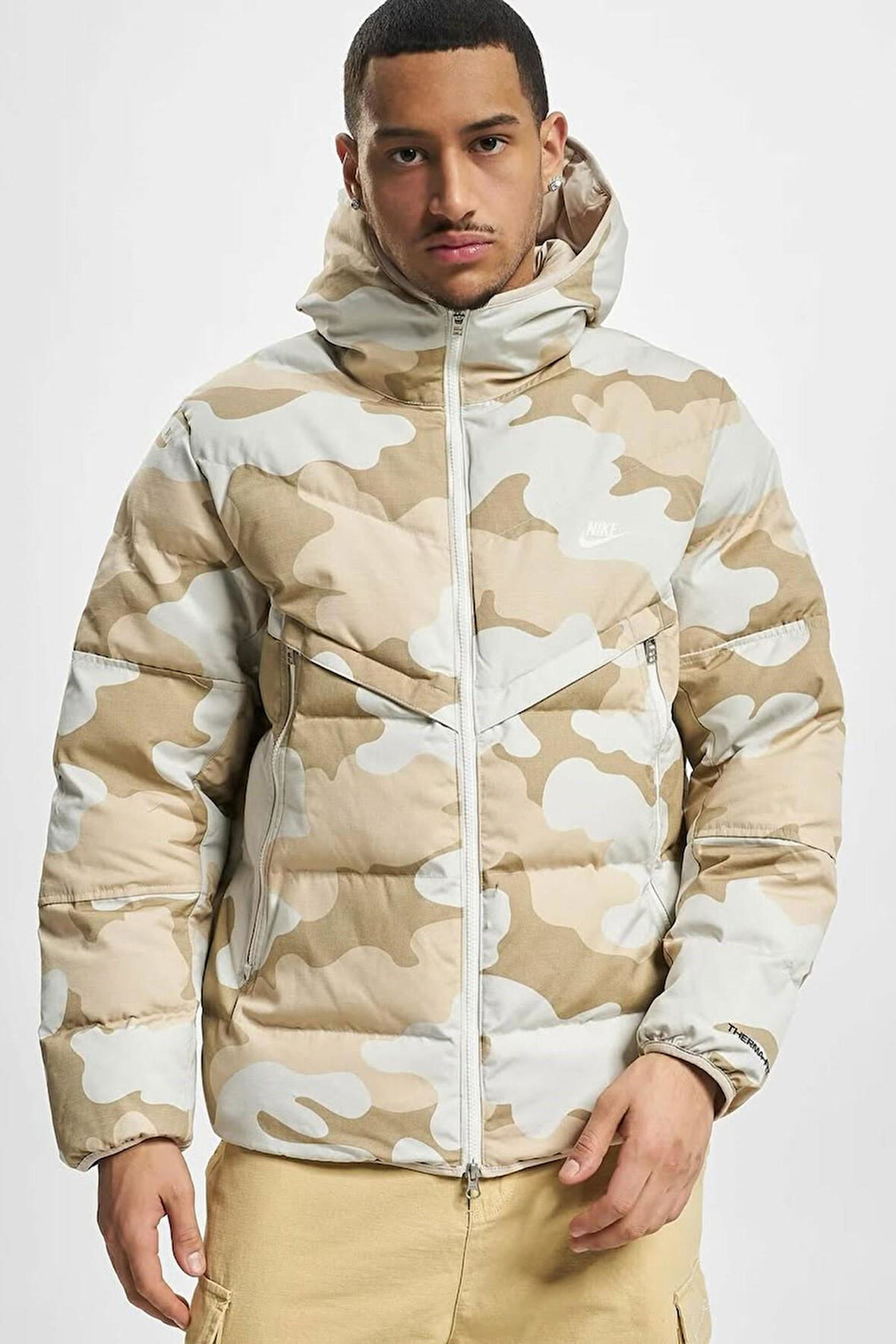 Nike Sportswear Therma Fit Kamuflaj Erkek Kapüşonlu Mont Krem