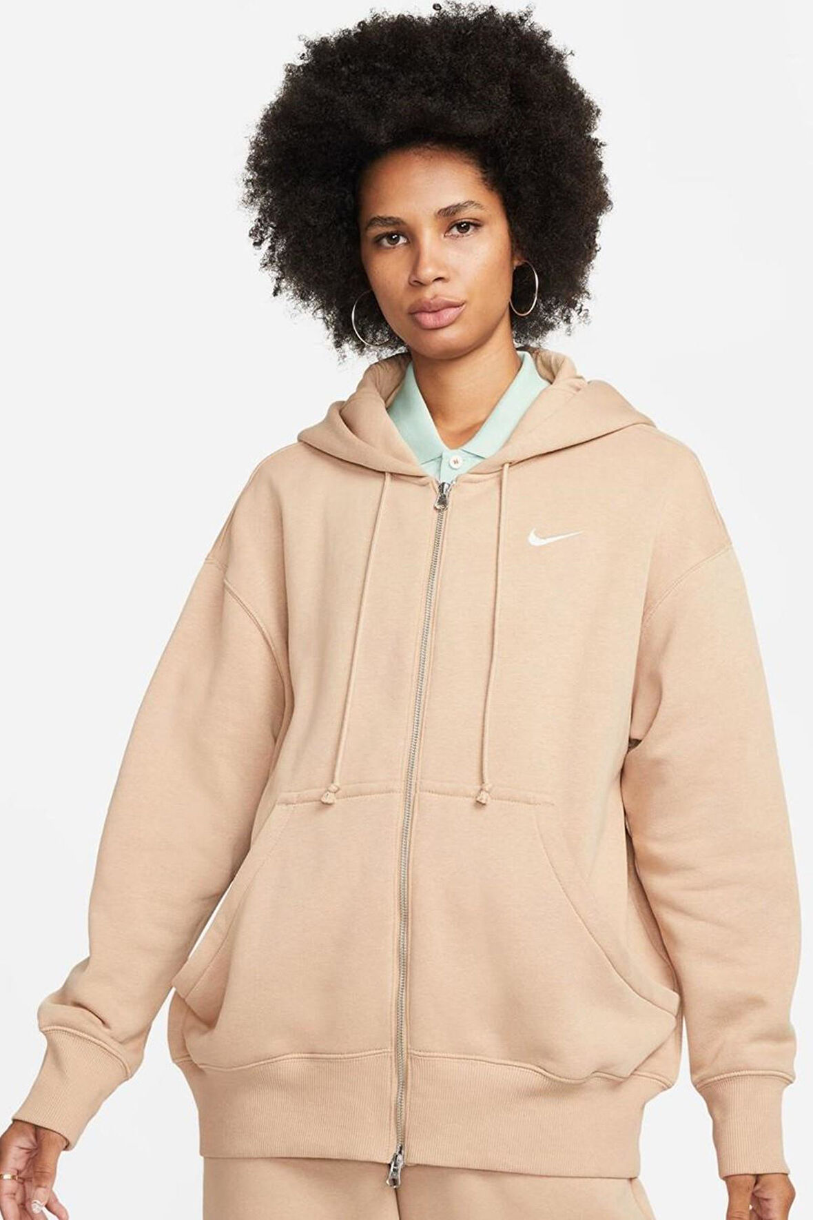 Nike Sportswear Phoenix Fleece Oversized Hoodie Full Zip Bol Kesim Kapüşonlu Kadın Sweatshirt Bej