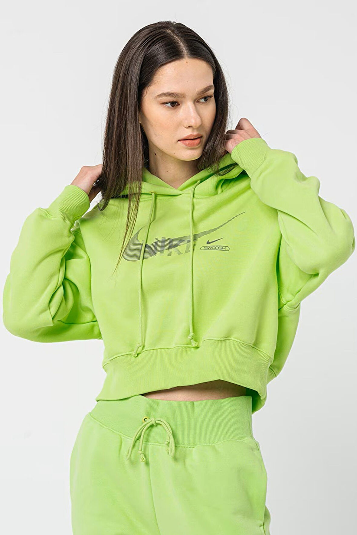 Nike Sportswear Swoosh Fleece Crop Oversize Fİt Hoodie Kadın Kapüşonlu Kısa Oversize Sweatshirt Yeşil