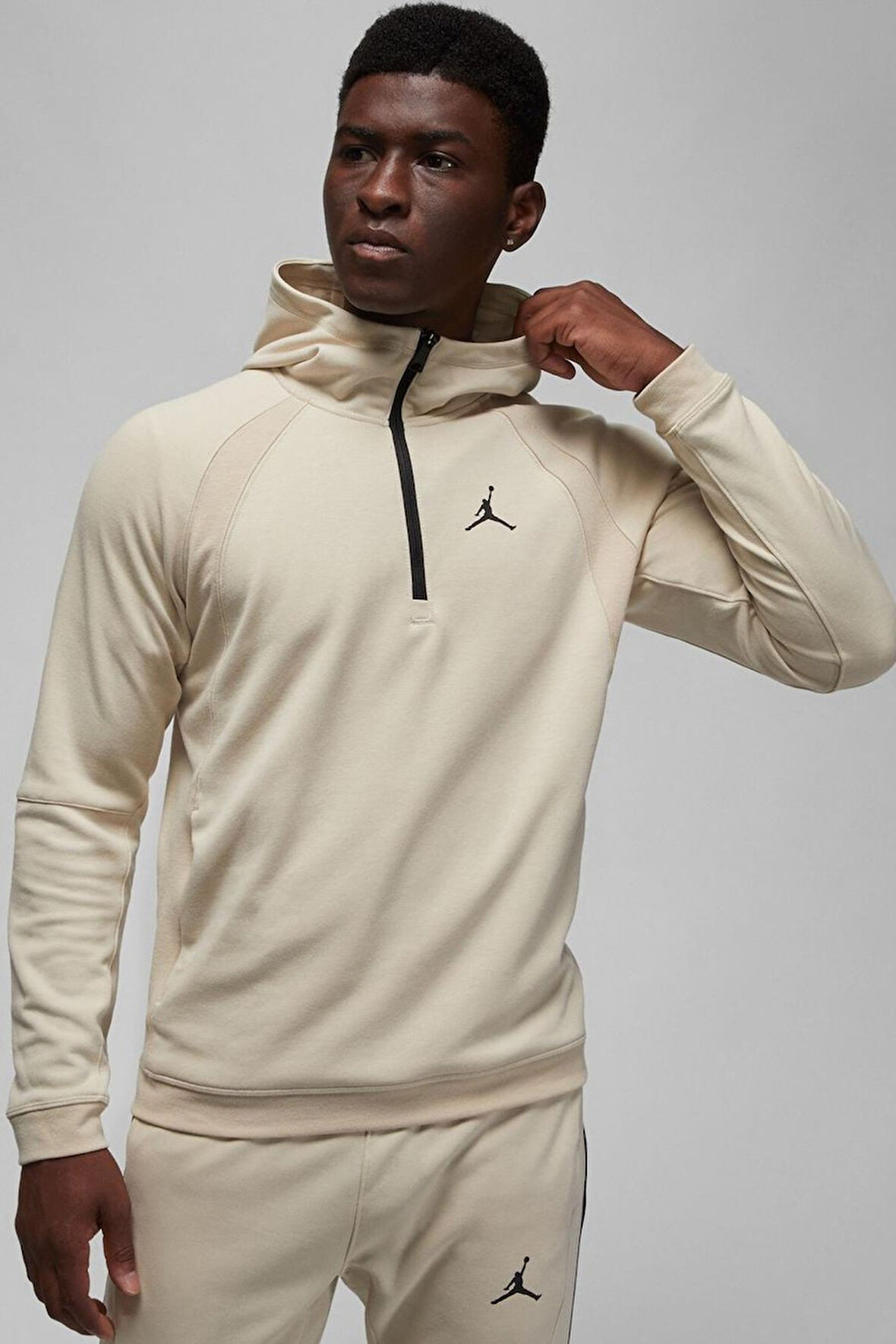 Nike Jordan Dri Fit Half Zip Sport Men's Hoodie Erkek Kapüşonlu Yarım Fermuarlı Sweatshirt Krem