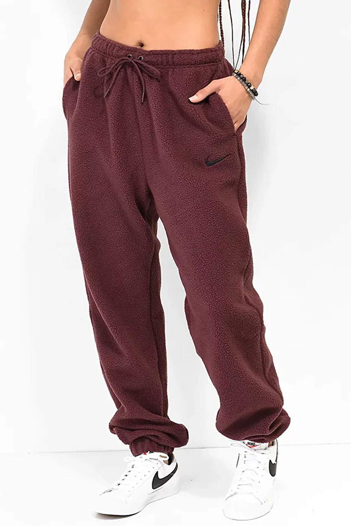 Nike Sportswear Plush Burgundy Crush Sherpa Oversize Sweatpants Kadın Geniş Kalıp Yüksek Bel Peluş Eşofman Altı Bordo