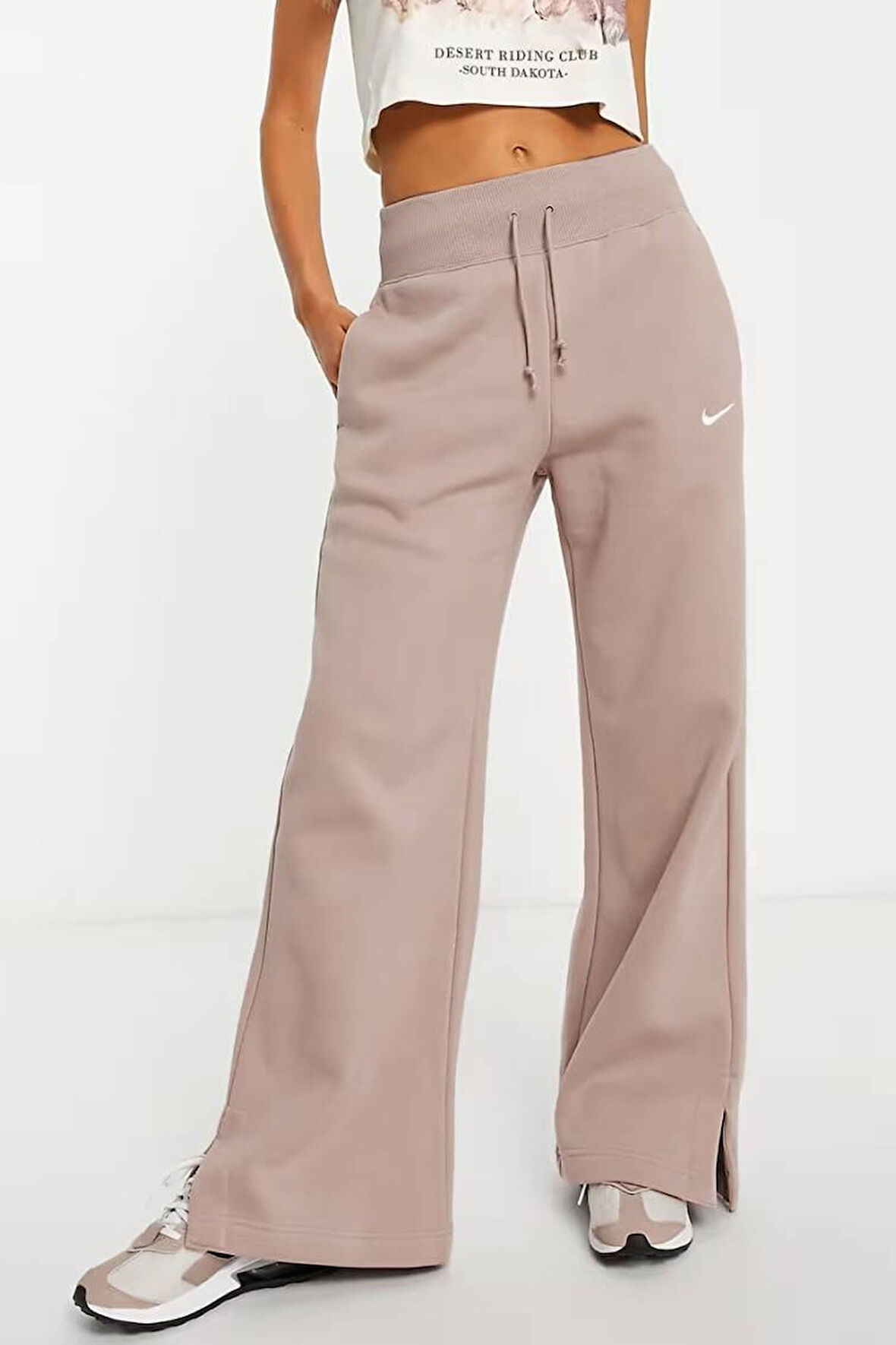 Nike Phoenix Fleece Wide High Rise Sweatpants Kadın Yüksek Bel Yırtmaçlı Geniş Paça Eşofman Altı Bej