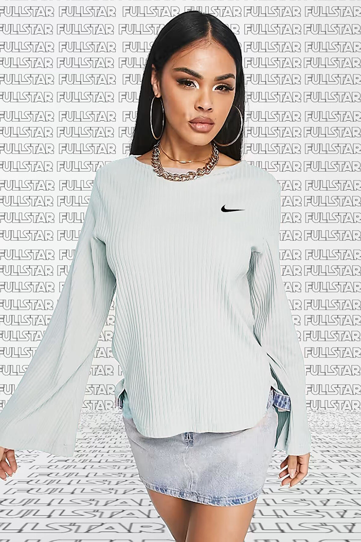 Nike Rib Jersey Long Sleeve Top White Kadın Fitilli Sweatshirt Açık Gri
