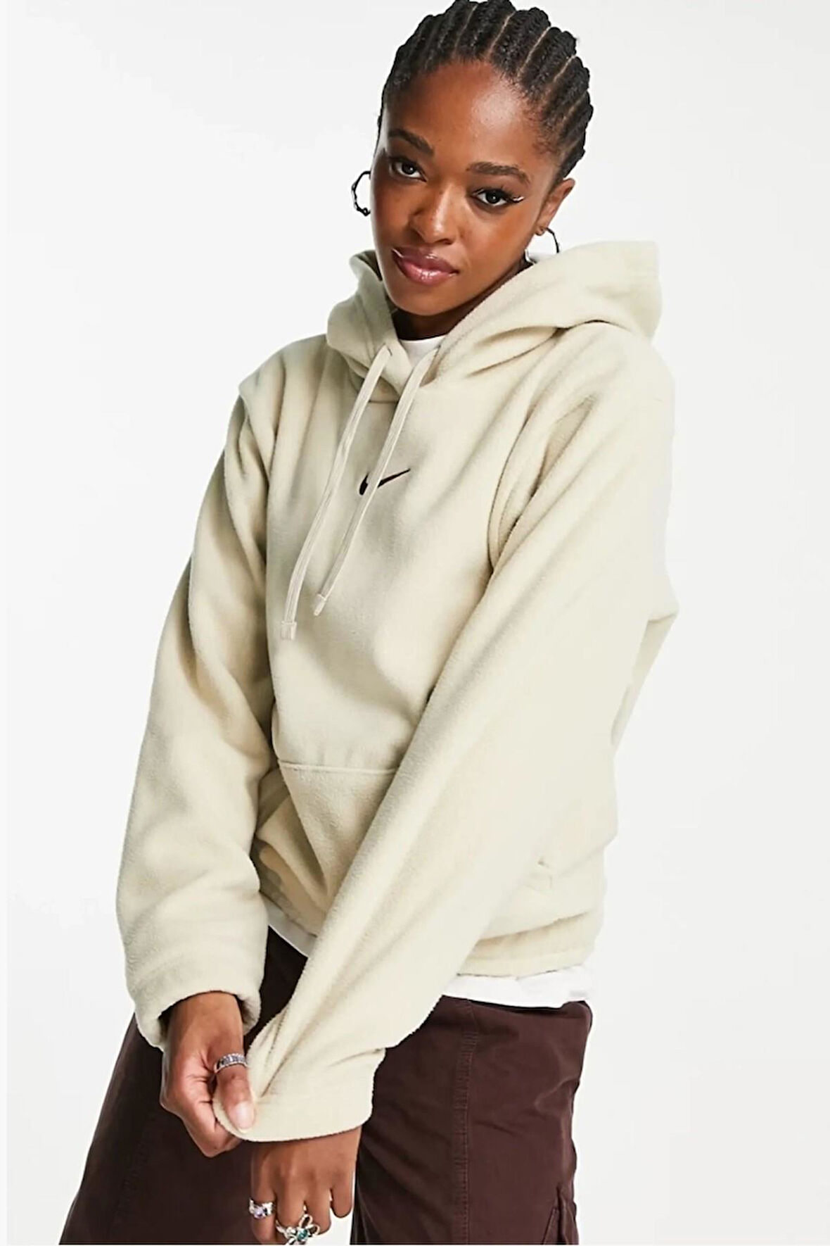 Nike Sportswear Pullower Oversize Hoodie Kadın Geniş Kalıp Peluş Kapüşonlu Sweatshirt Krem