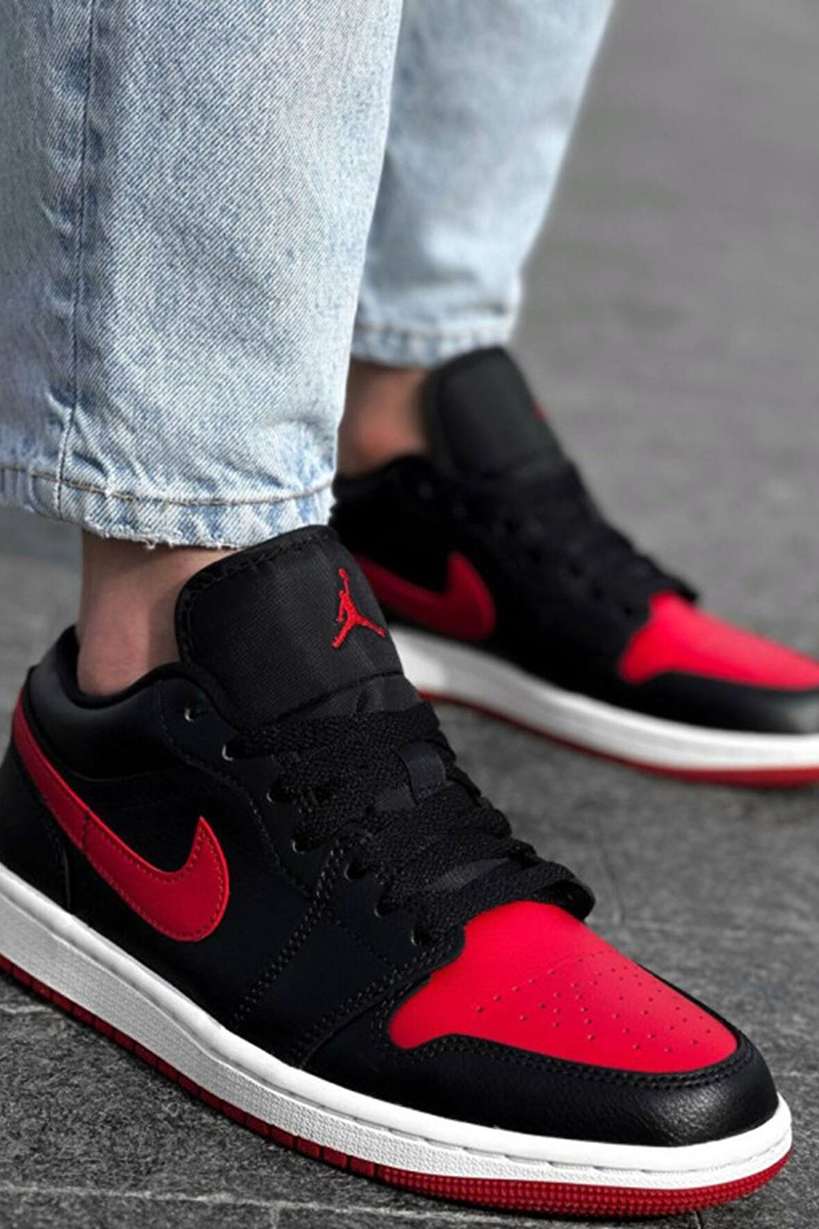 Nike Air Jordan 1 Low Reverse Leather Black Red Toe (W)Hakiki Deri Erkek Spor Ayakkabı Siyah Kırmızı