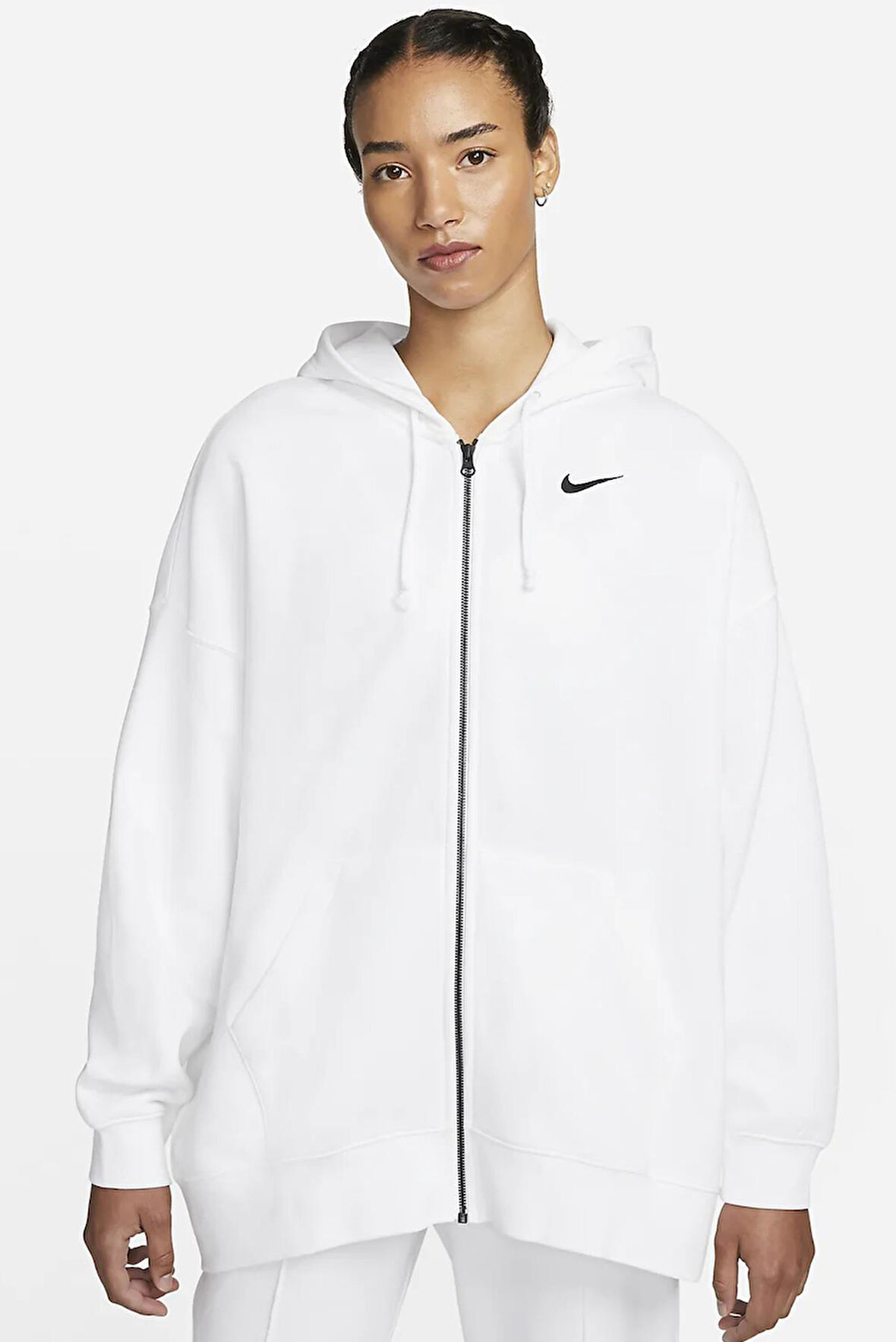 Nike Sportswear Essentials Oversize Fleece Full Zip Hoodie Kadın Geniş Kalıp Kapüşonlu Sweatshirt Beyaz