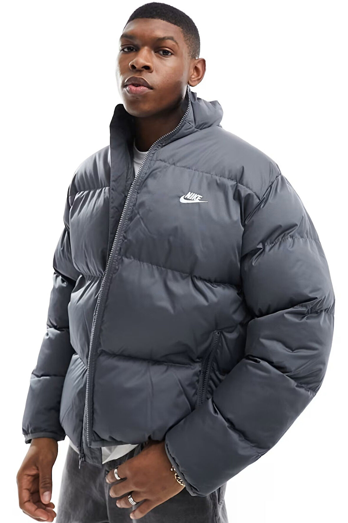 Nike Clup Puffer Synthetic Fill Full Zip Loose Fit Men's Jacket Erkek Bol Kesim Suitici Mont Gri