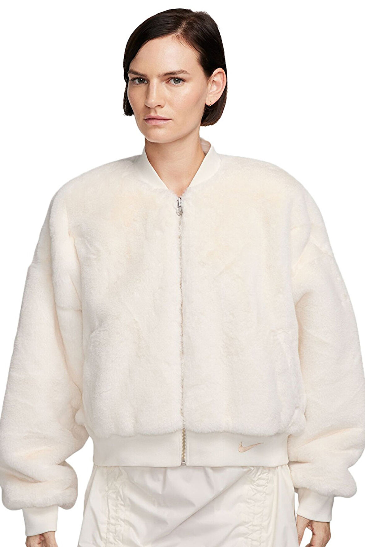 Nike Sportswear Faux Fur Bomber Reversible Oversize Jacket Kadın Oversize Suni Kürk Çift Taraflı Ceket Açık Krem
