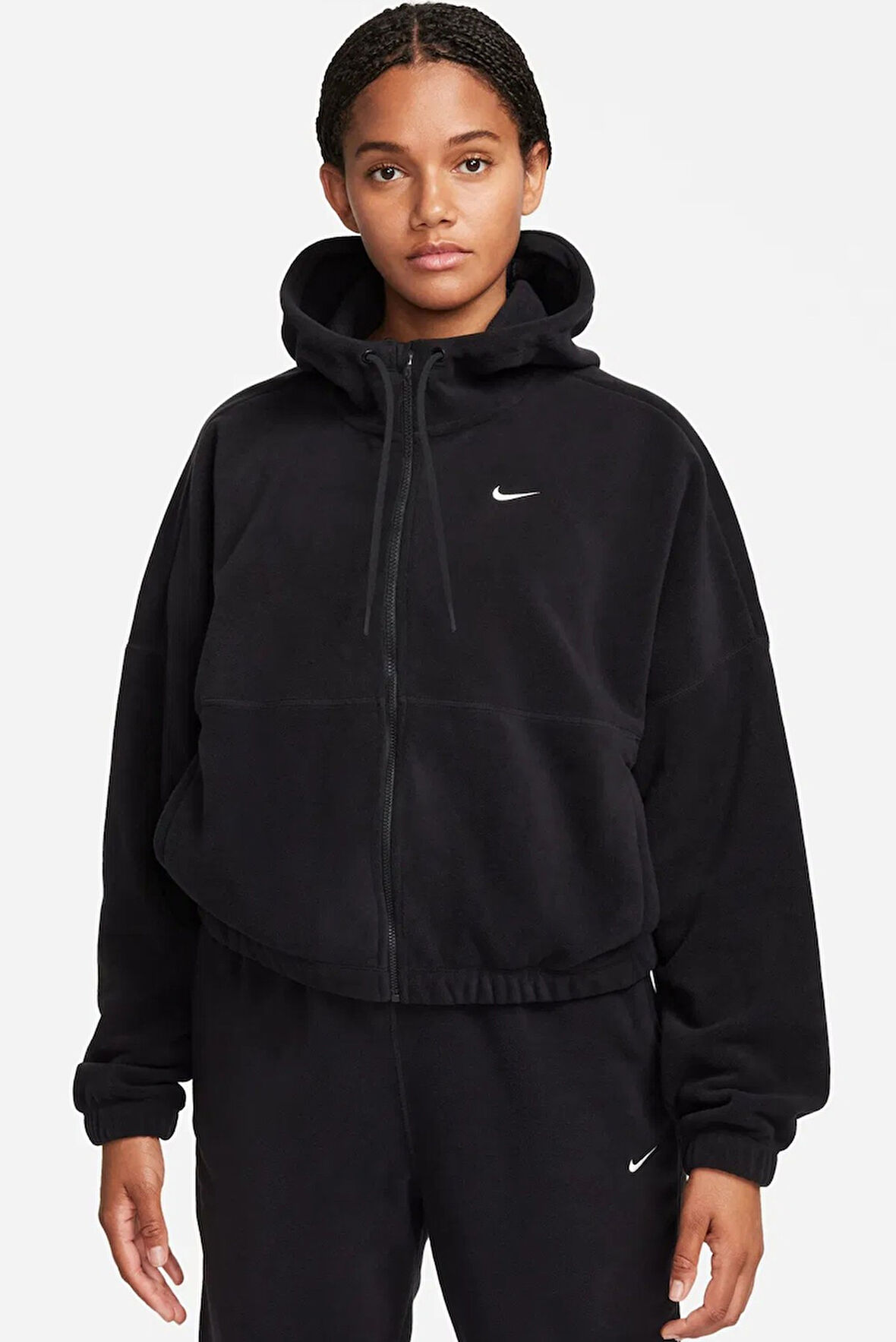 Nike Therma Fit One Oversized Fleece Full Zip Hoodie Kadın Polar Kapüşonlu Oversize Sweatshirt Siyah