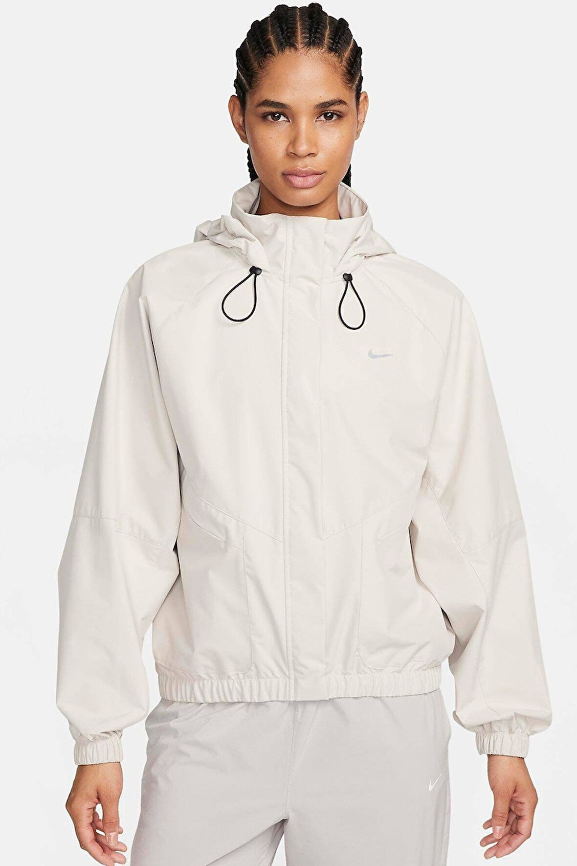 Nike Storm Fit Swift Women's Running Jacket Oversize Kadın Kapüşonlu Yağmur Geçirmez Hava Panelli Koşu Ceket Krem