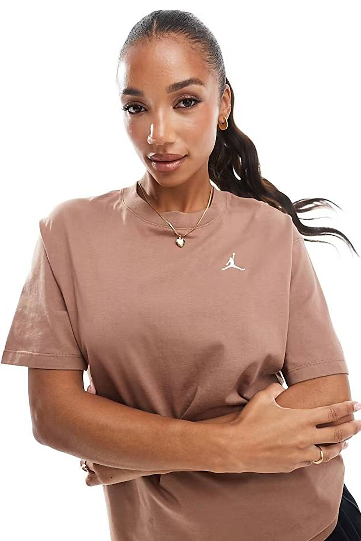 Nike Jordan Essential Women's Loose Fit T-Shirt Kadın Nakış Logo Pamuklu Bol Kesim Tişört Kahve
