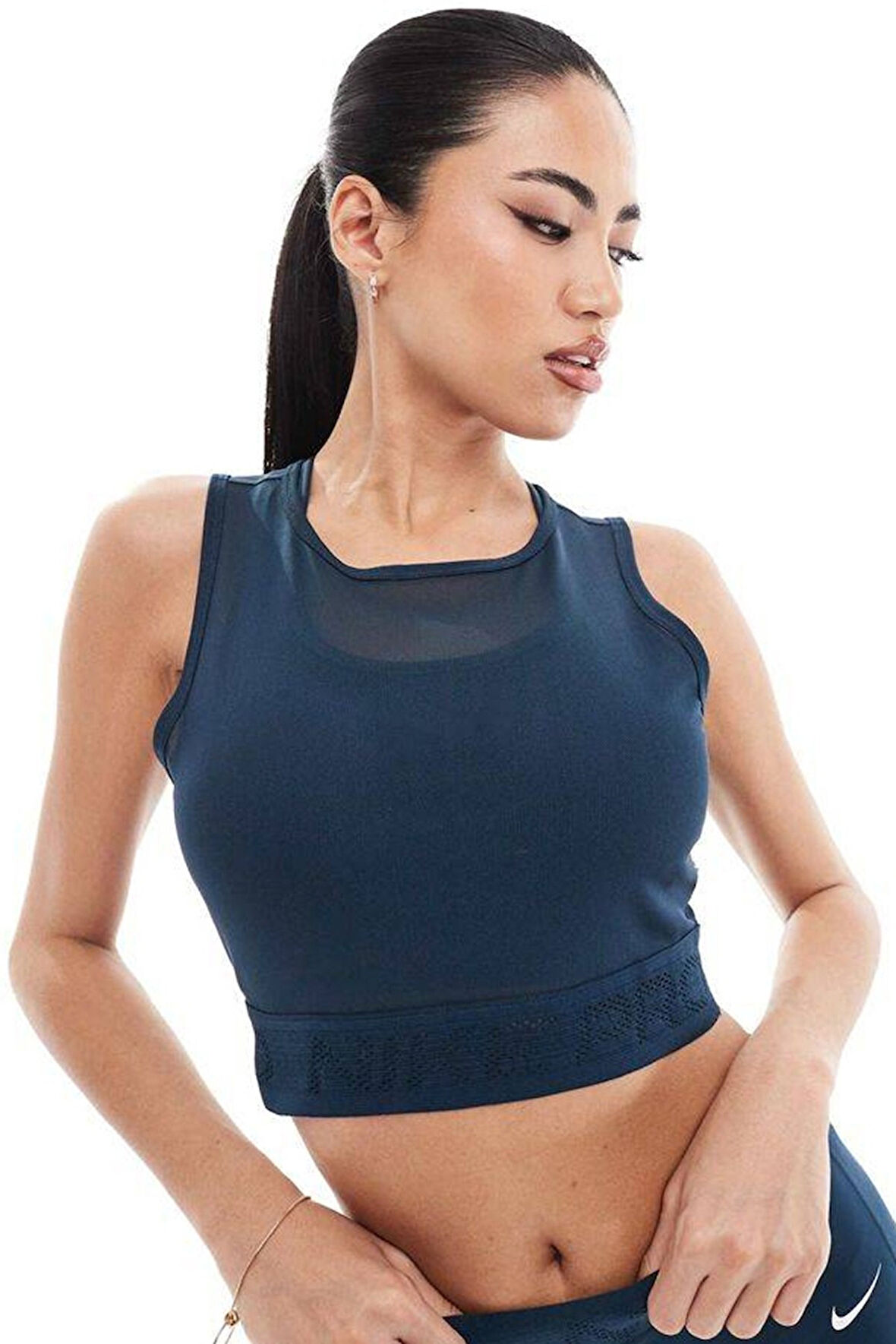 Nike Pro Women's Mesh Tight Fit Tank Top Kadın Transparan Spor Bustiyer Petrol Mavisi