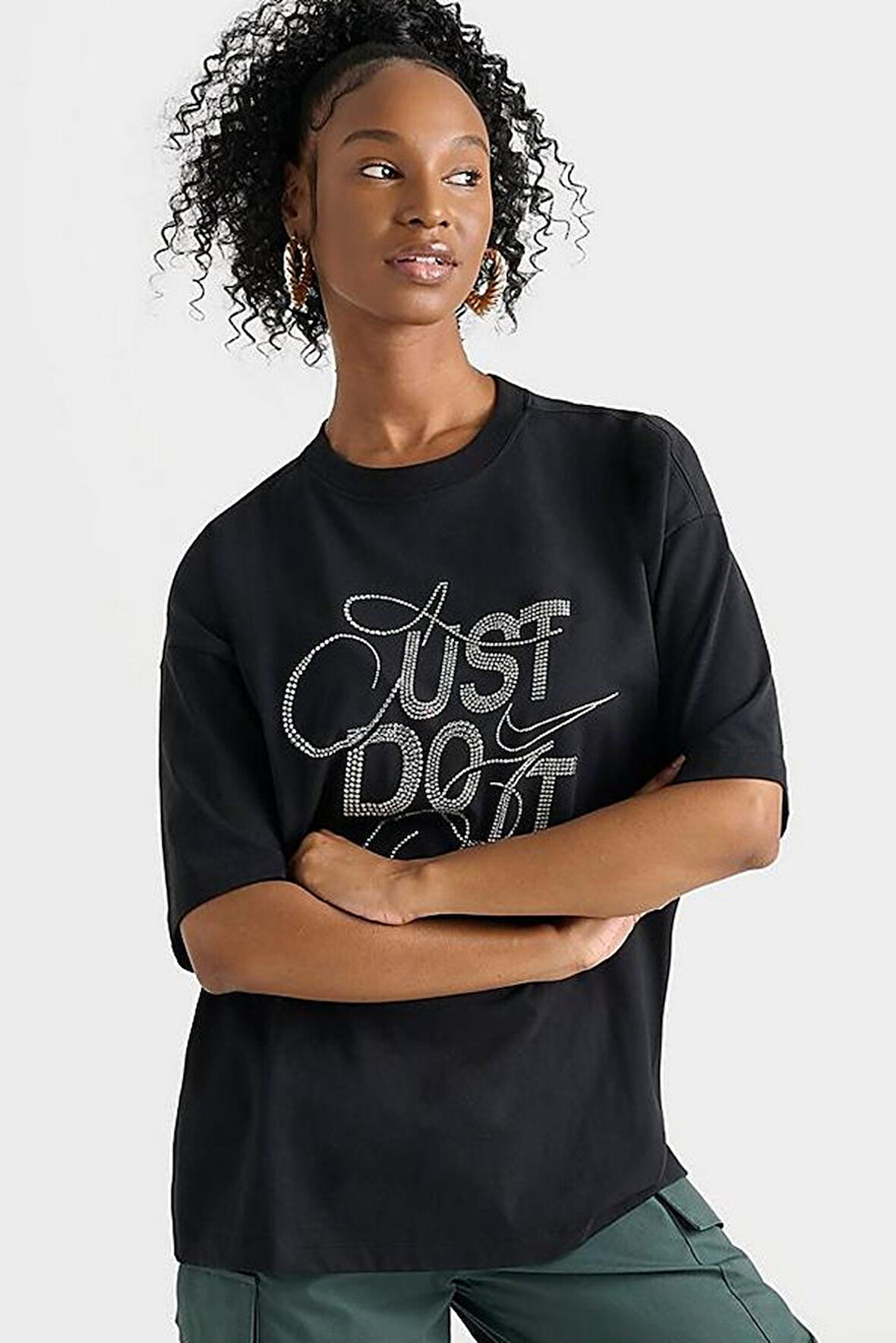 Nike Dance Oversize Ss Tee Kadın Oversize Büyük Beden Taş İşlemeli Tişört Siyah