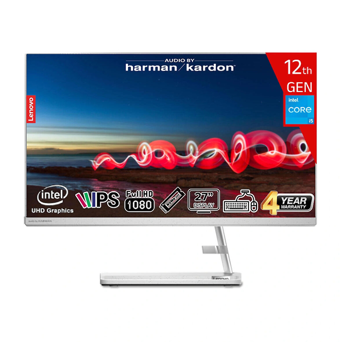 Lenovo IdeaCentre AIO3 27IAP7 Intel Core i5-12450H 16GB 512GB SSD Intel UHD Graphics 27 FHD IPS FreeDos F0GJ0127TR Klavye+Mouse Beyaz All In One Bilgisayar