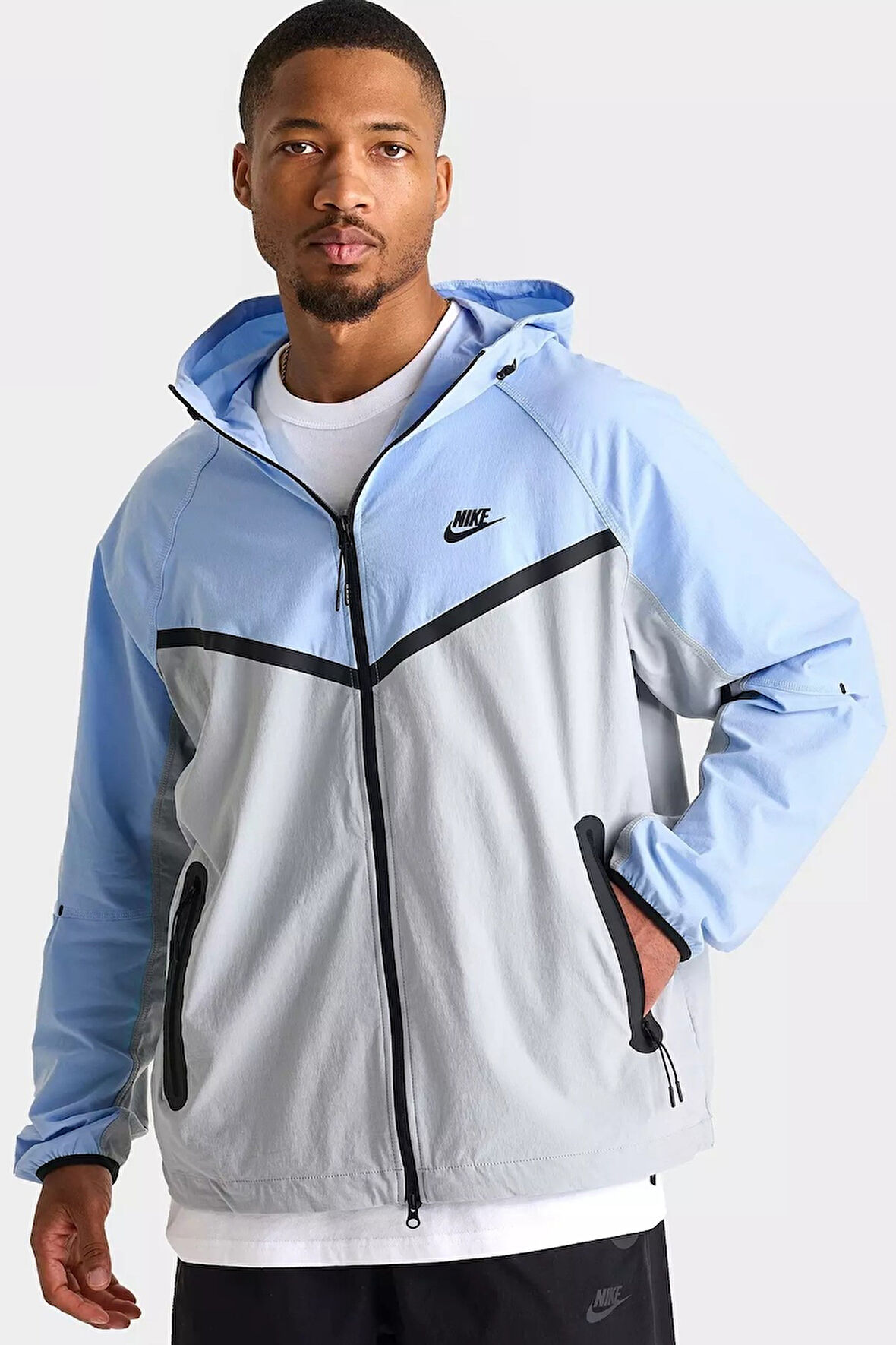Nike Tech Woven Windrunner Full Zip Loose Fit Jacket Erkek Bol Kesim Dokuma Kapüşonlu Spor Ceket Mavi Gri