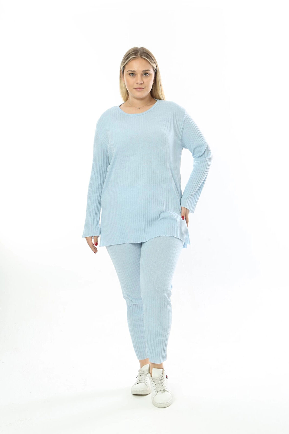 Büyük Beden Uzun Kollu Yüksek Bel Beli Lastikli Yırtmaçlı İnce Pijama Takım