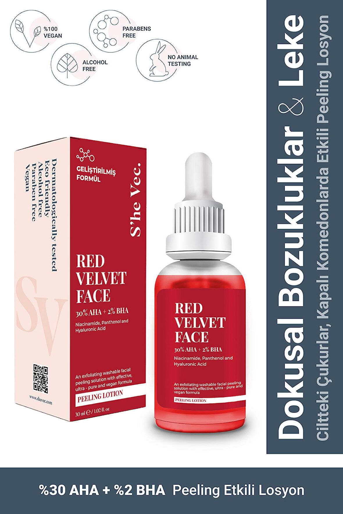 RED VELVET FACE - AHA %30 & BHA %2 Cilt Tonu Eşitleyici Arındırıcı Kırmızı Peeling Serum 30ml