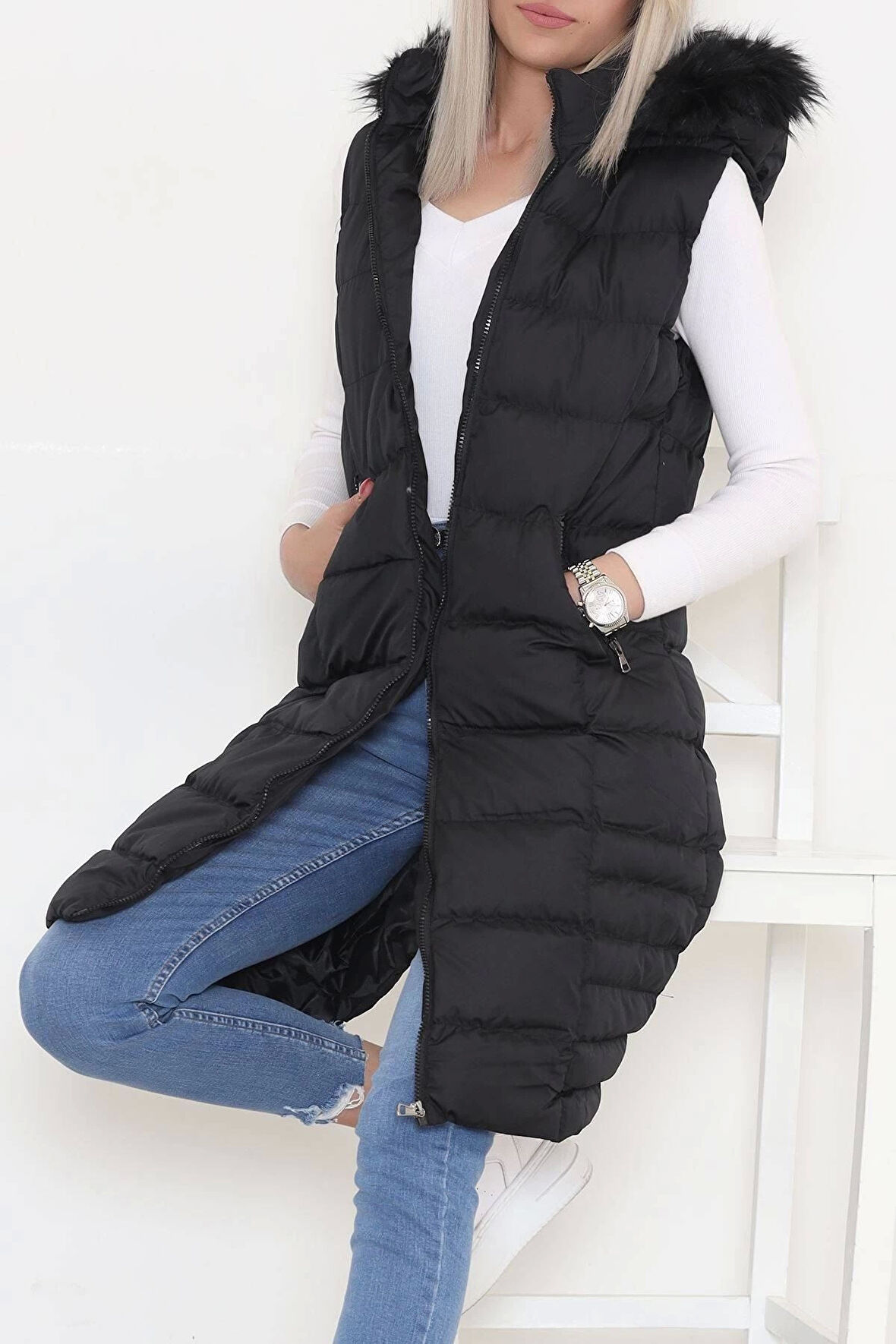 KAZAX Yaka Kürklü Şişme Yelek Siyah - 1363.1174.