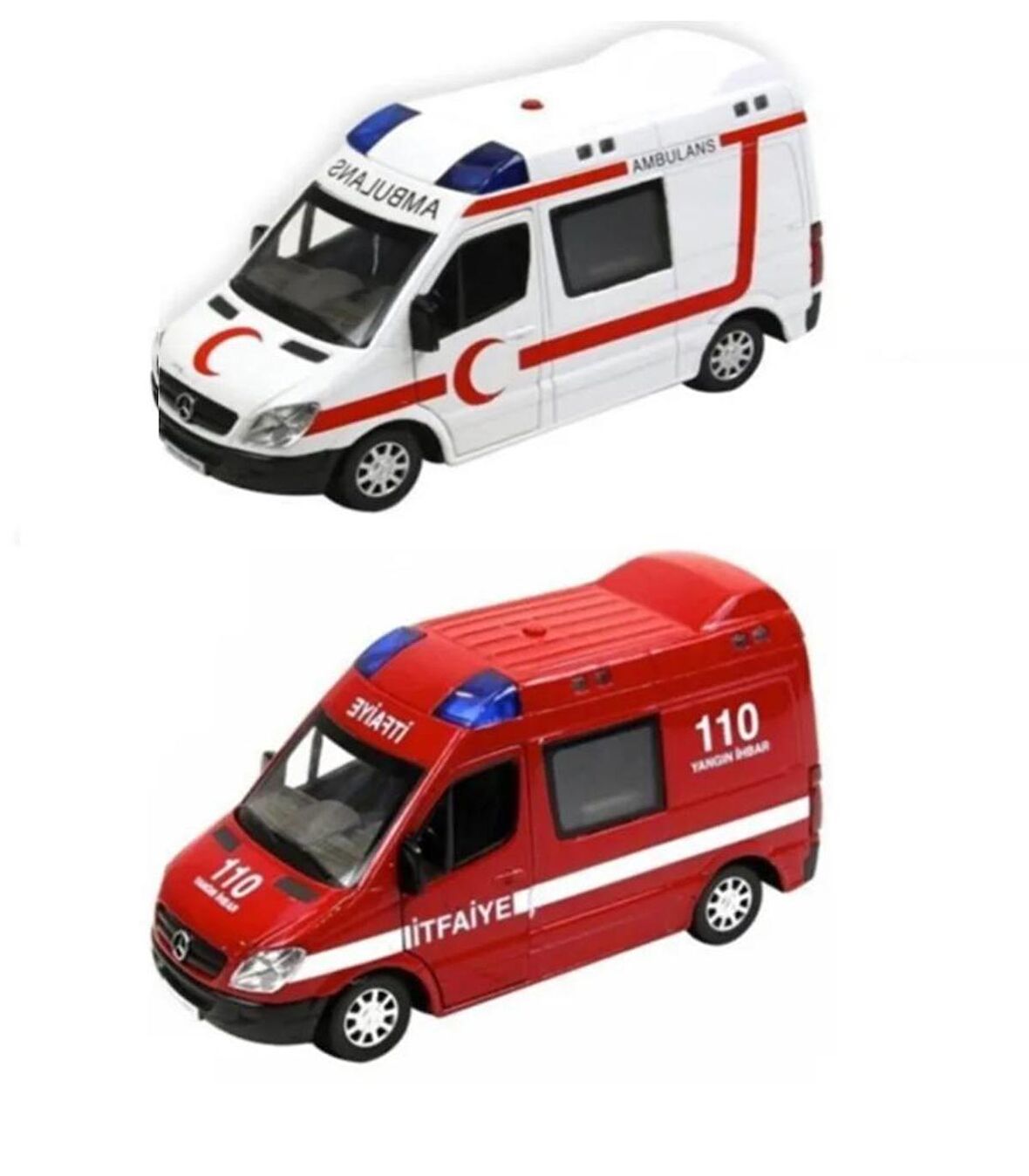 2 ADET Diecast Metal İTFAİYE VE AMBULANS Mercedes Sprinter Çek Bırak Işıklı Siren Sesli 14 Cm kapıları açılır