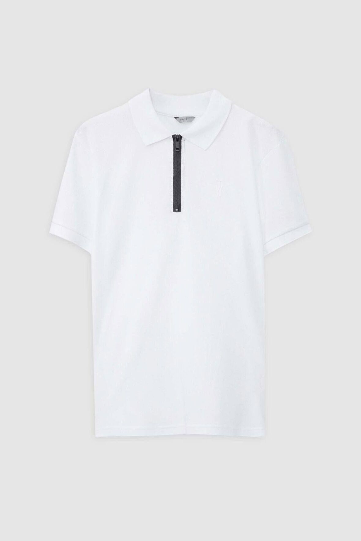 TWN Slim Fit Beyaz Pike Dokulu Yarım Fermuarlı Polo Yaka T-Shirt 4EC14ORTFRPLO