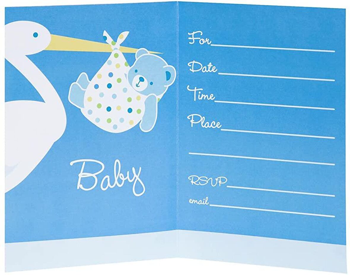 Baby Boy Stork Temalı Mavi Renk Baby Shower Davetiye 8 Adet