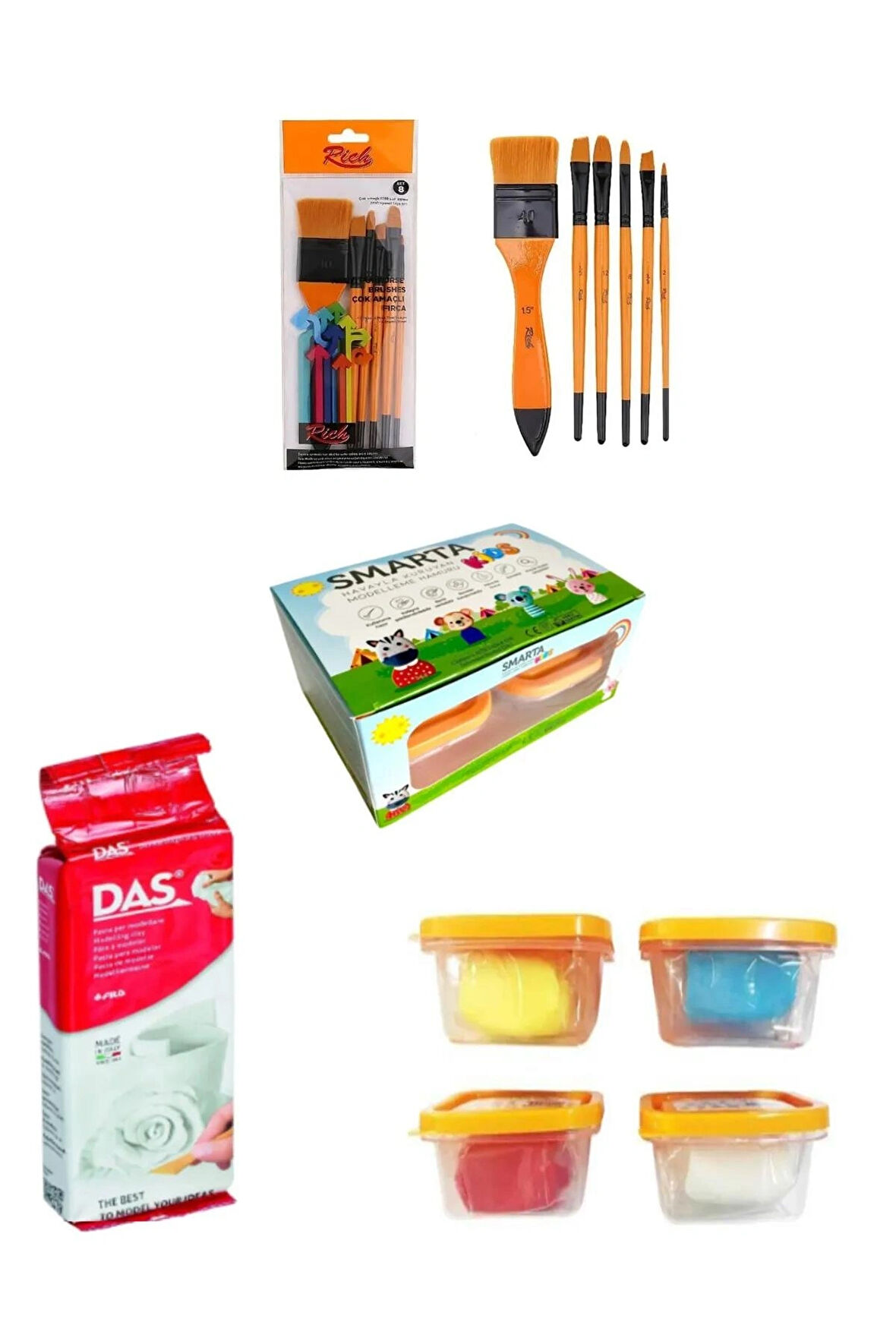 Rich 6'lı Karma Fırça Set 8 Das Seramik Hamuru 250gr Beyaz Smarta Kids Okul Seti 4lü
