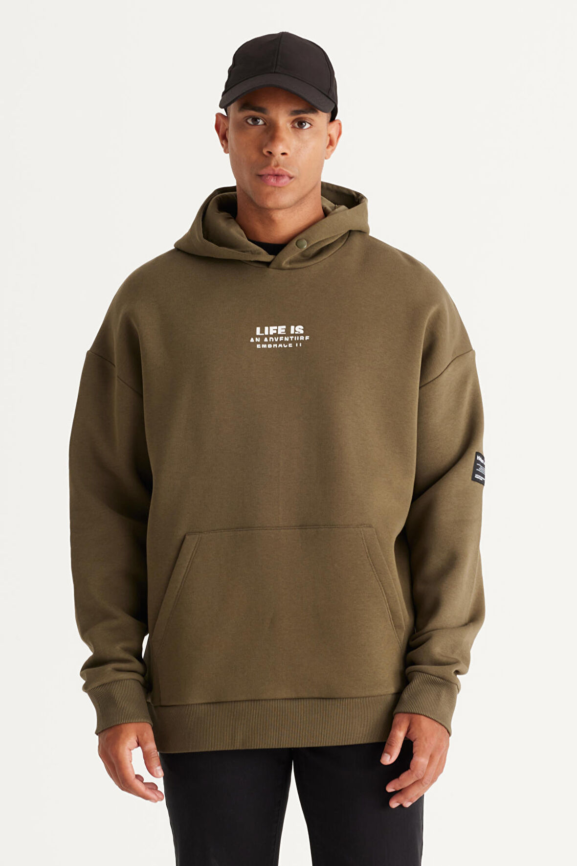 Erkek Haki Oversize Fit Bol Kesim Kapüşonlu Içi Polarlı 3 Iplik Pamuklu Sweatshirt