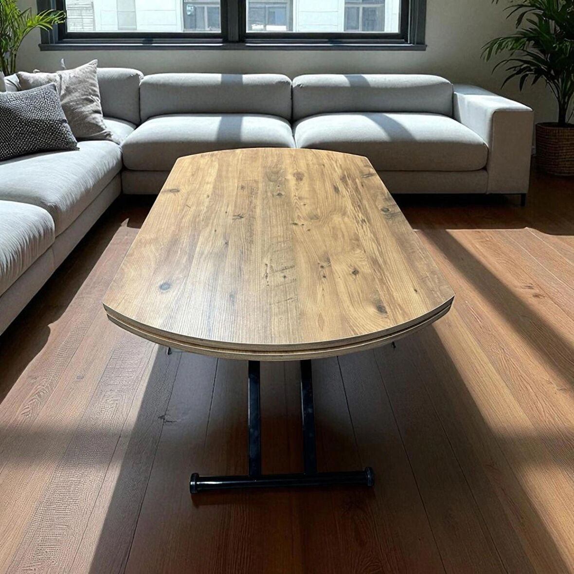 Oval Yan Baştan Açılır Akıllı Masa Üst Mdf Efesçam Alt Ayak Siyah Renk