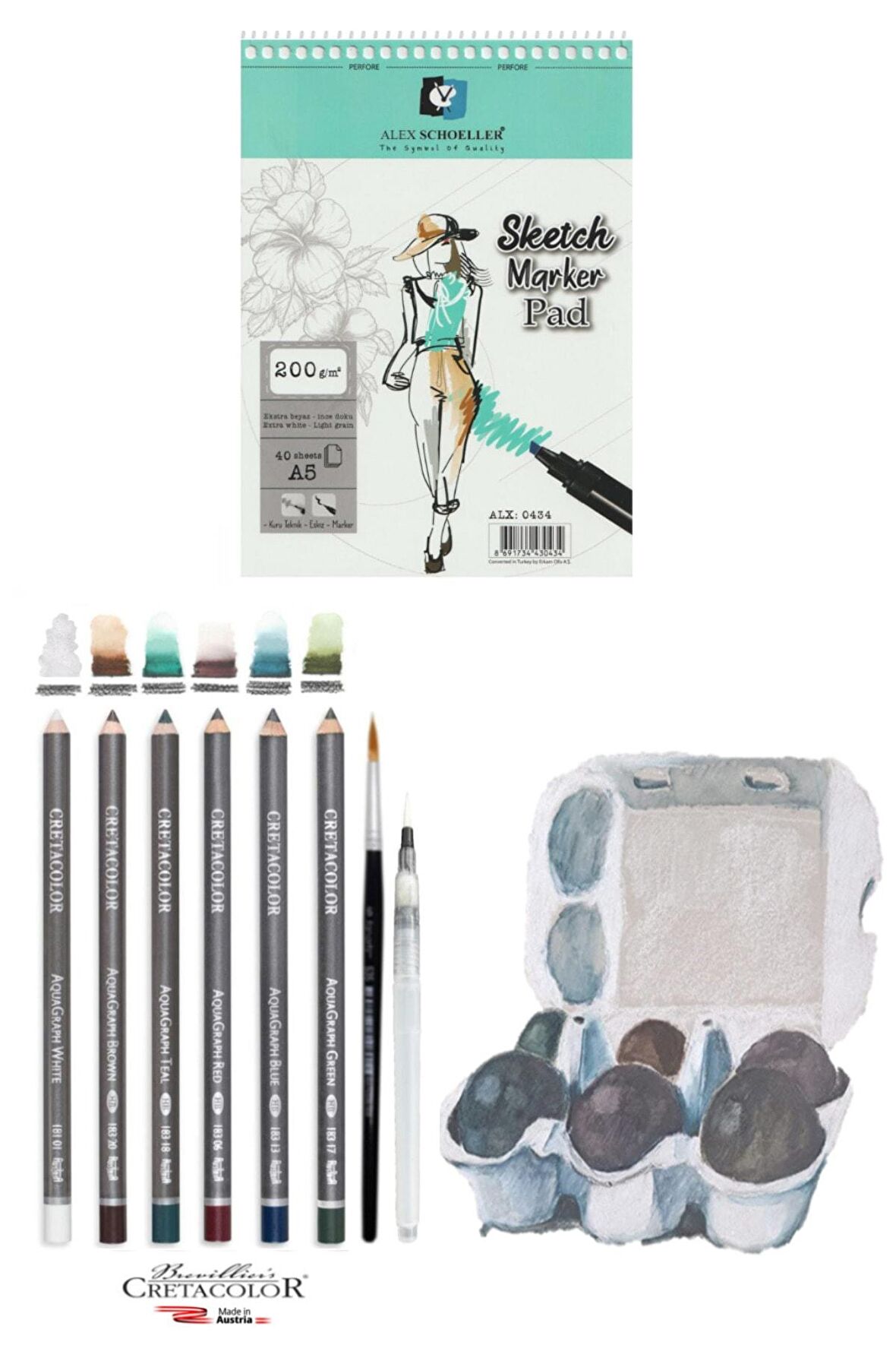 Alex Marker Eskiz Defteri 200gr A5 40yp Cretacolor 6'lı Aquarell Sulandırılabilir Fırçalı Eskiz Set