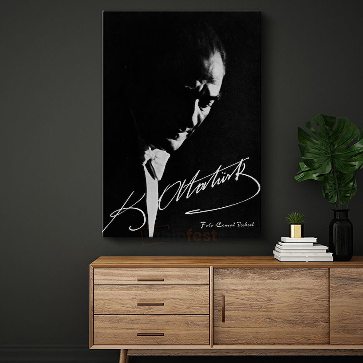 İmzalı Atatürk - Siyah Beyaz Sanatsal Portre Kanvas Tablo