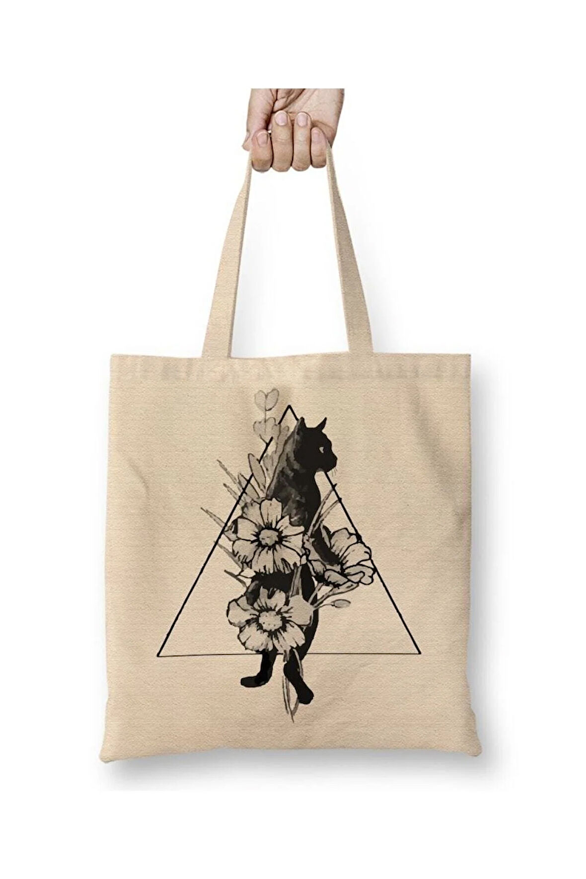 Yaramaz Kedi Flowers Cat Çiçekli Beyaz Bez Çanta Uzun Saplı Alışveriş Çantası Plaj Çantası