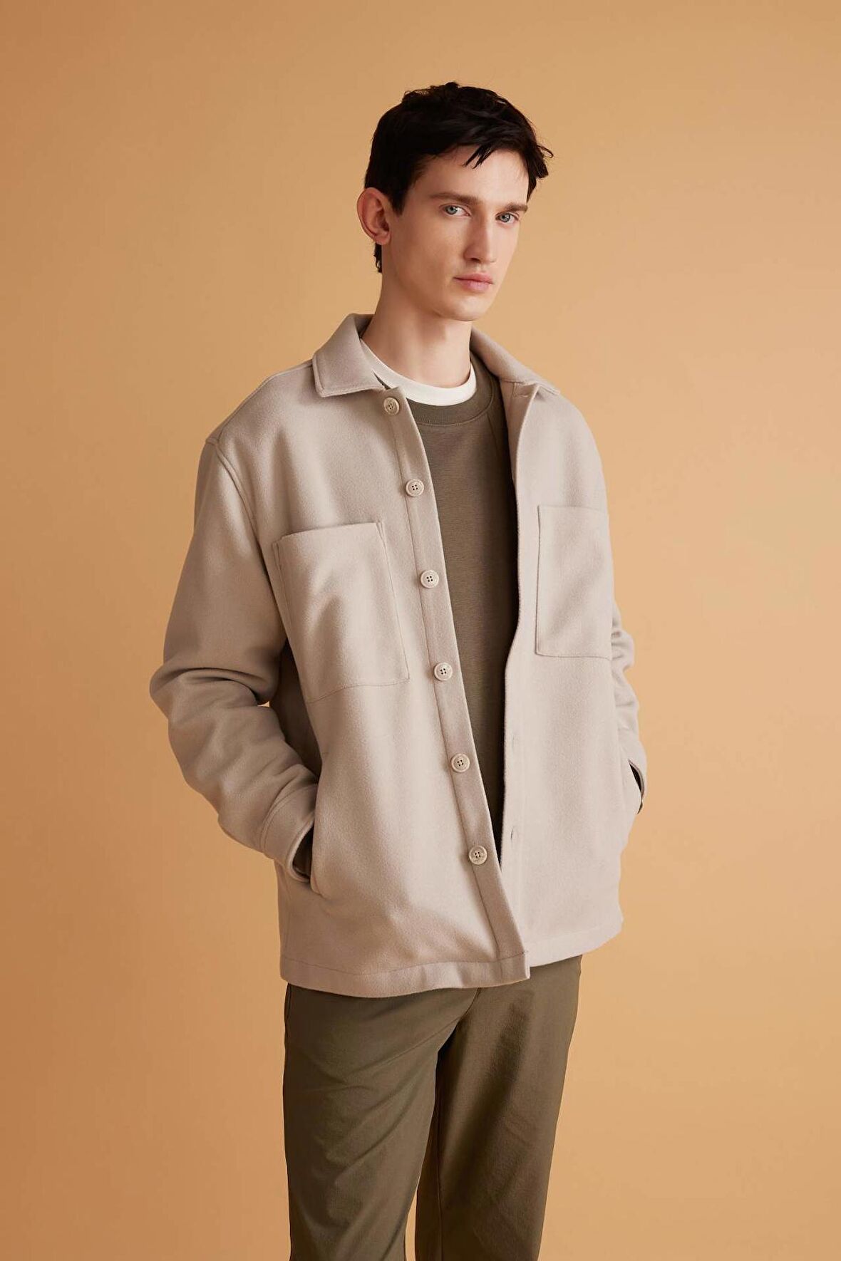 Relax Fit Polo Yaka Yün Görünümlü Gömlek Ceket