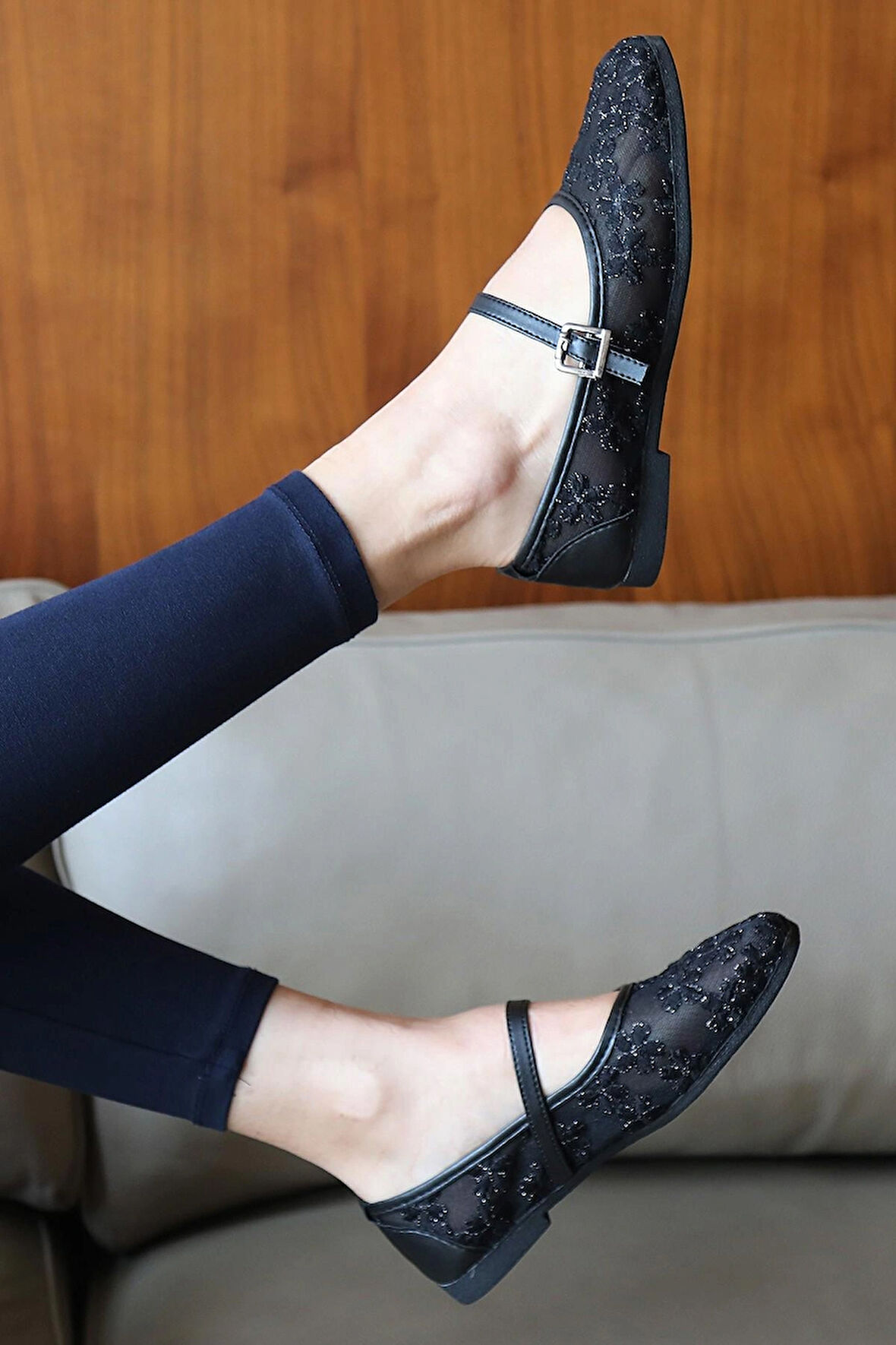 Kadın Babet File Çiçek Nakışlı Hafif Rahat Taban Şık Babet Ayakkabı Günlük Kadın Babet