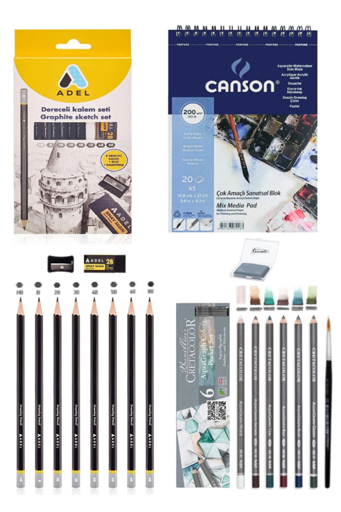 Canson Defteri A5 120 Gram Dereceli Kalem Seti 8'li Cretacolor 6'lı Aquarell Sulandırılabilir Set