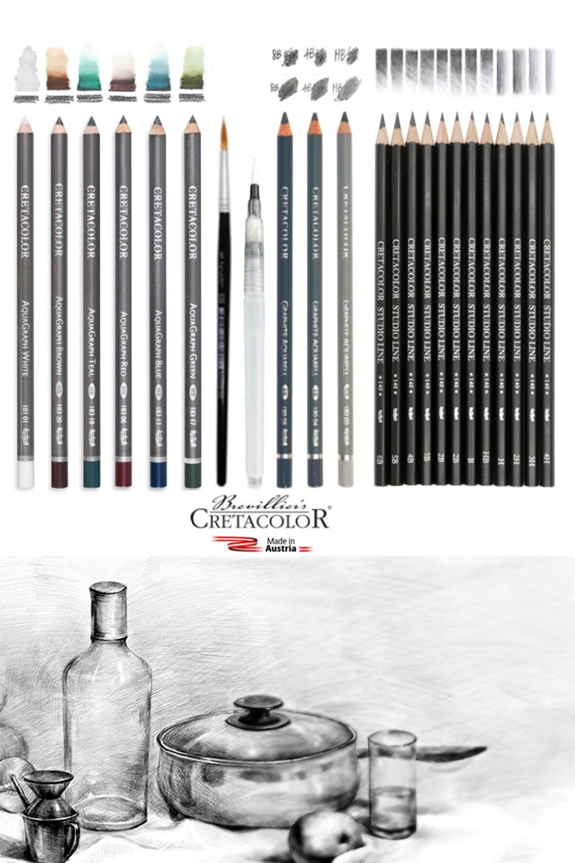 Cretacolor6'lı Aquarell Sulandırılabilir Fırçalı Cretacolor Studioline 12'li Dereceli Kalem Seti