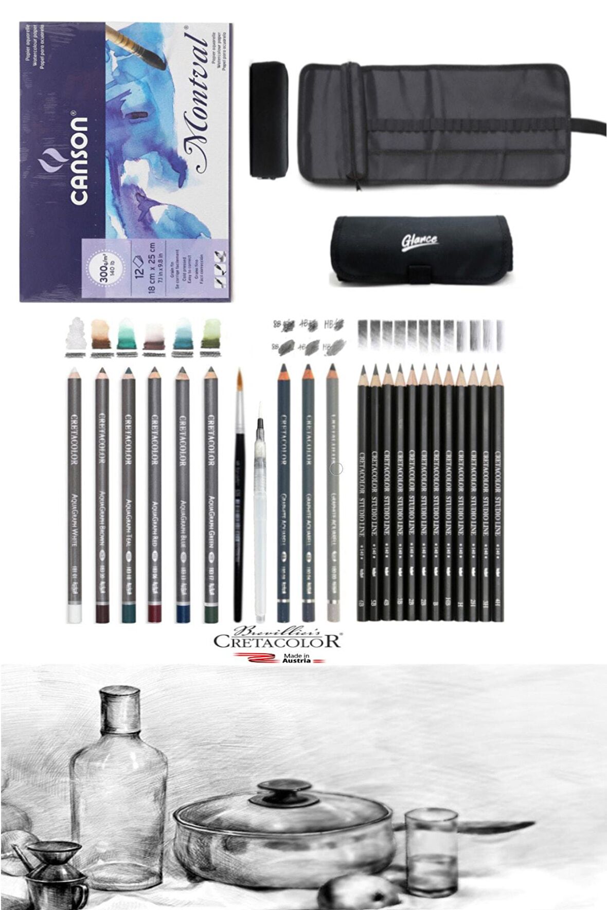 Canson Montval 18x25cm300gr 12 Cretacolor6'lı Aquarell Sulandırılabilir Fırçalı Rulo Kalemlik Seti