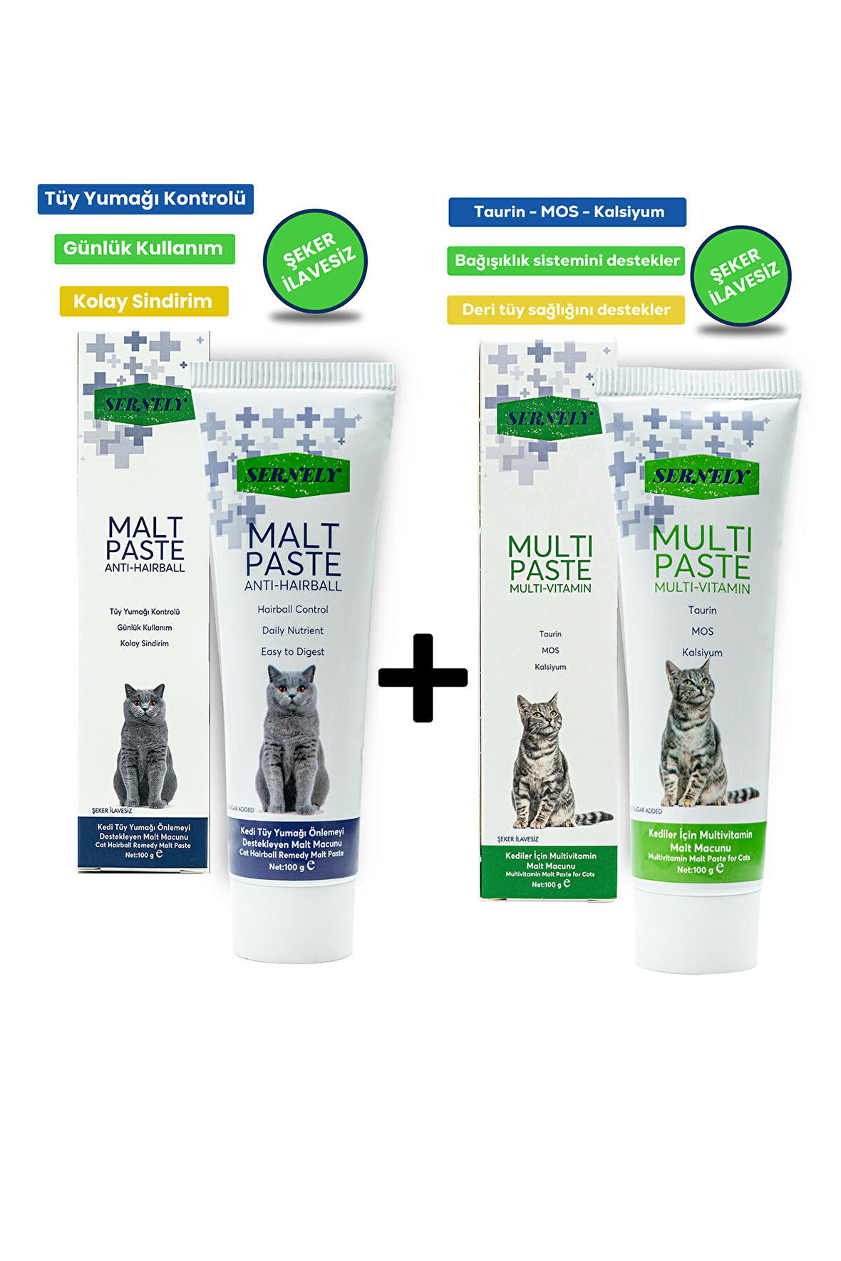 Sernely Anti-hairball Malt Paste 100gr (Tüy Yumağı Önleyici) + Multi Paste 100gr (Multivitamin Kedi Vitamini Macunu)