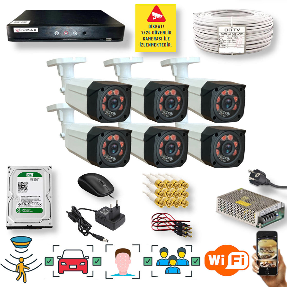 6 Kameralı Set - Araç İnsan Yüz Tanımalı Hareket Algilayan 1080P Gece Görüşlü 5MP Sony Lens Güvenlik Kamerasi Seti 7808-1