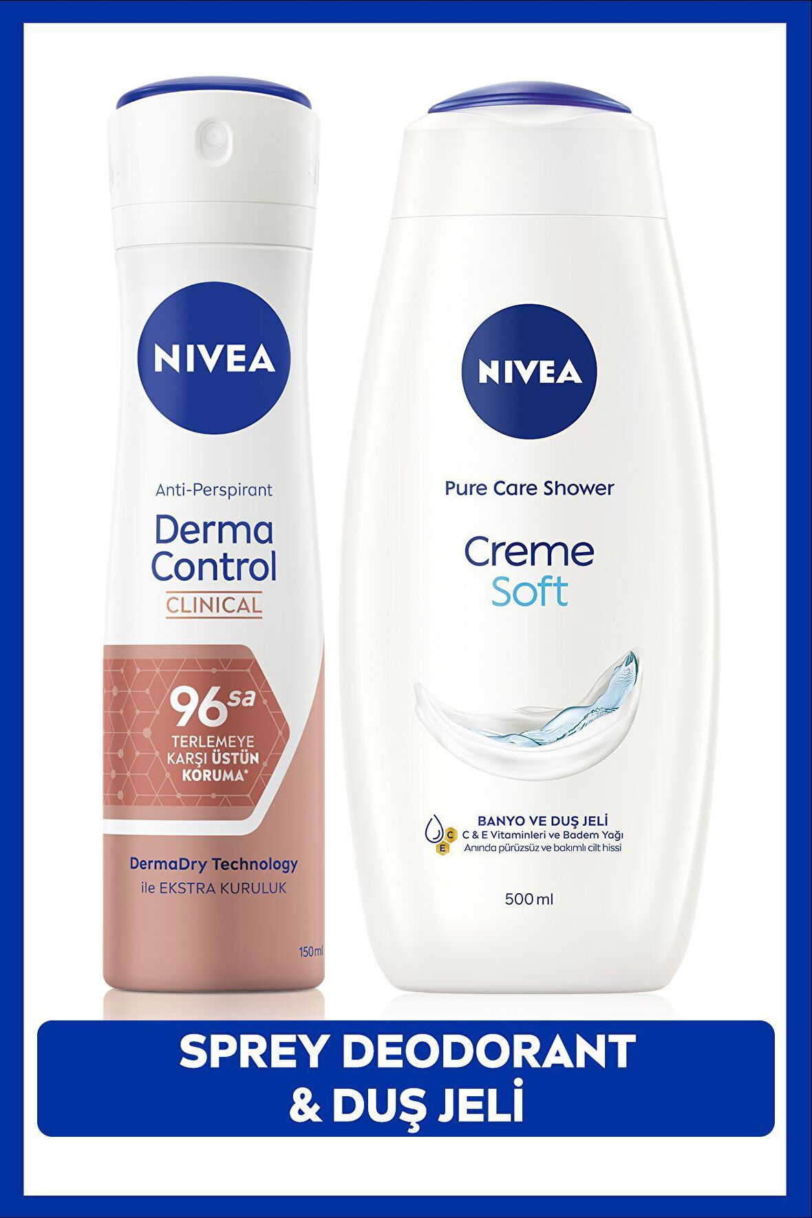 Nivea Creme Soft Duş Jeli 500ml Ve Kadın Sprey Deodorant Derma Control Clinical 50ml, 96saat Ter Koruması