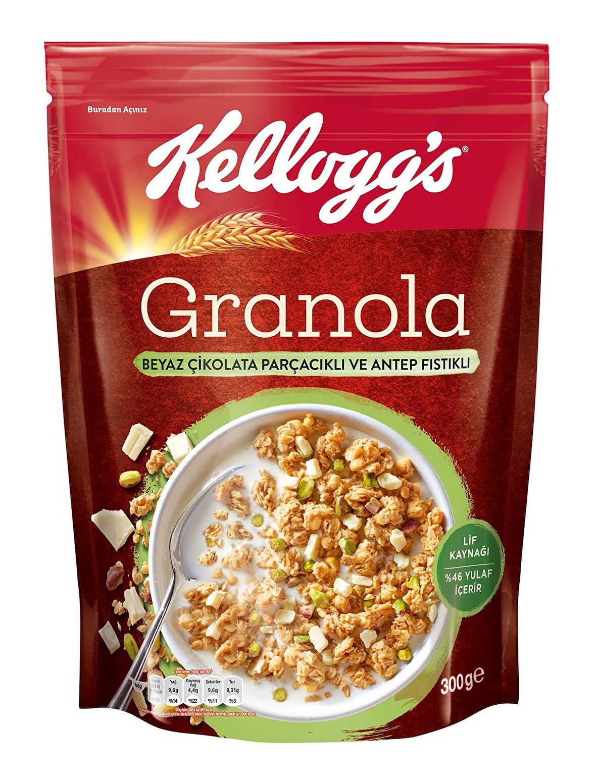 Kellogg's Beyaz Çikolata Parçacıklı&Antep Fıstıklı Granola 300Gr,%46 Yulaf içerir,Lif Kaynağı