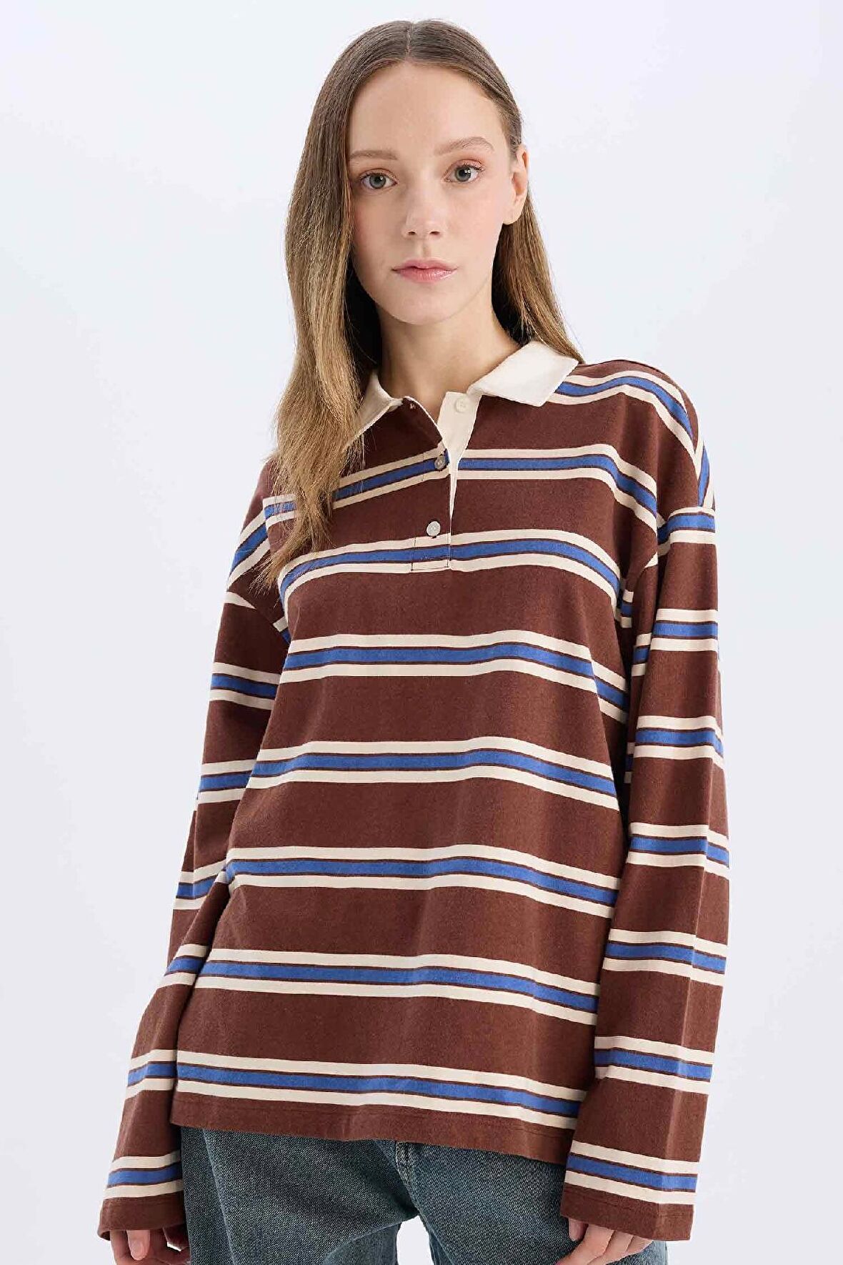 DeFacto Coool Loose Fit Polo Yaka Çizgili Uzun Kollu Tişört E4915AX25SPBN319