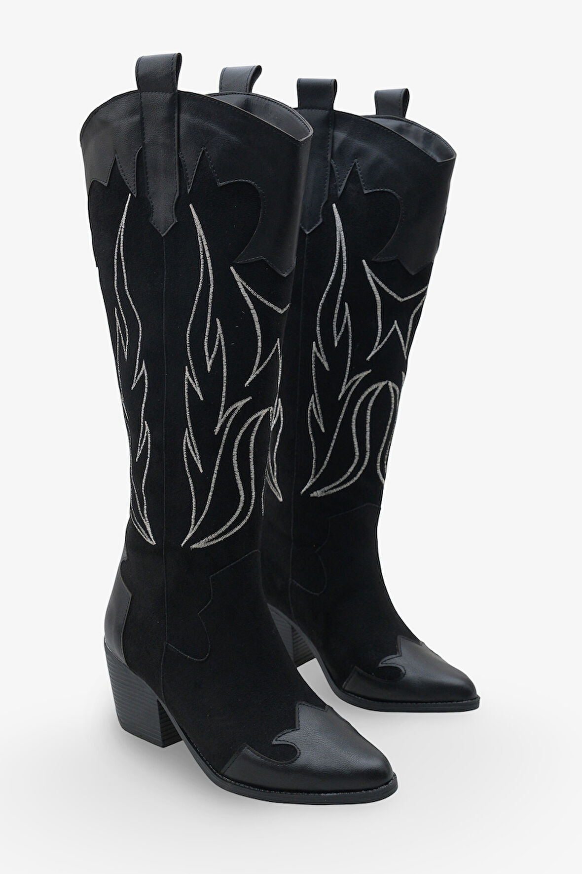 Kadın Sivri Burun Nakışlı Western Çizme Kovcey Siyah 