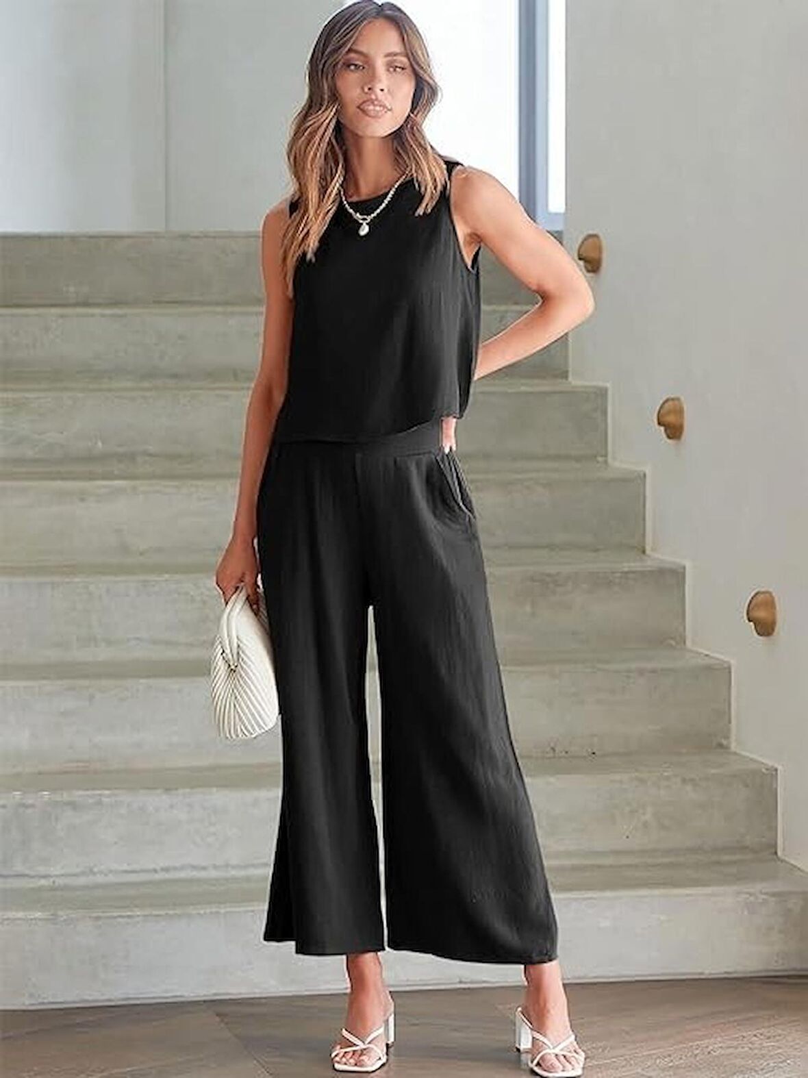 Barbora Keten Yazlık Yüksel Bel Capri Pantolon Sırt Detaylı Kolsuz İkili Takım Ln26siyah