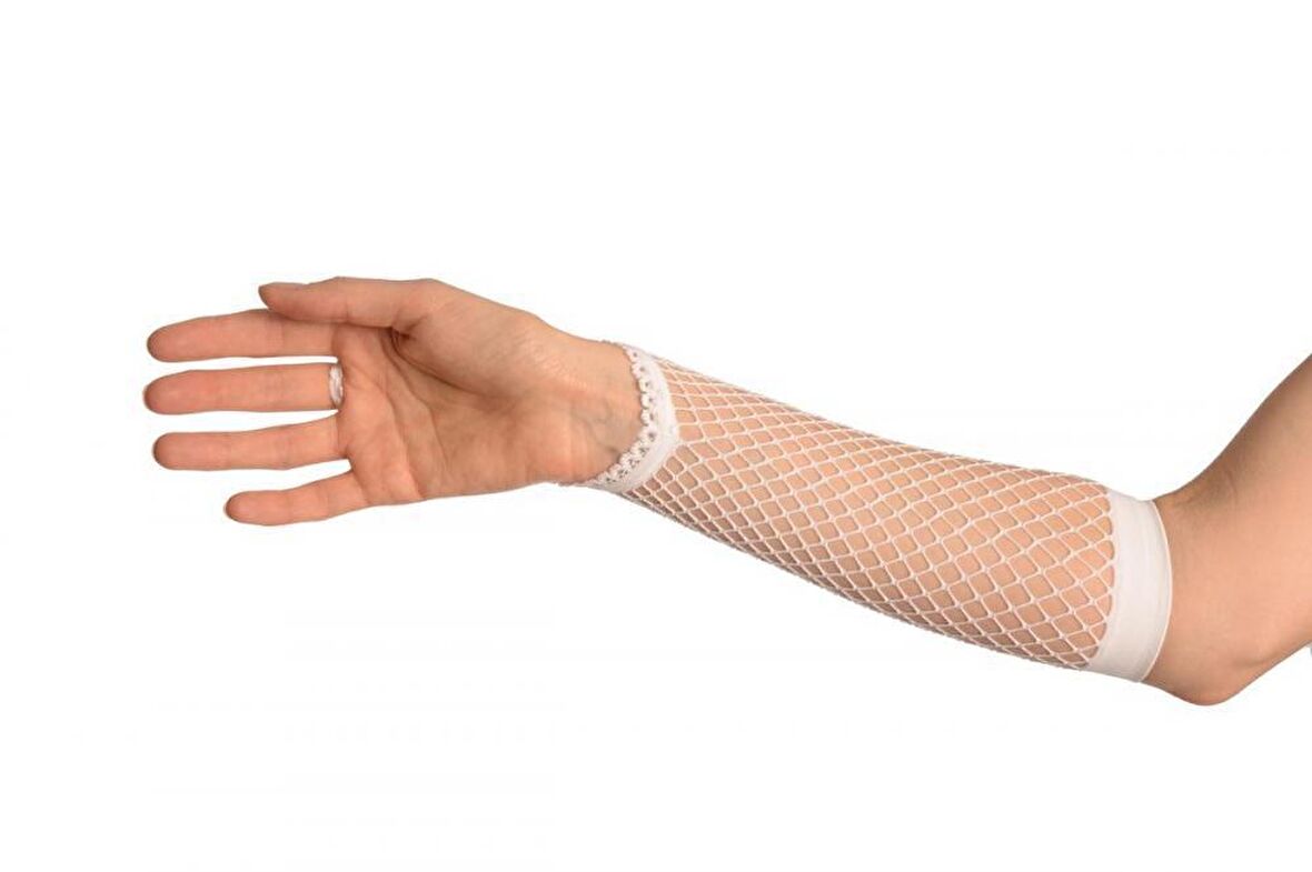Beyaz Renk Parmak Arası File Örgü Eldiven 26 cm
