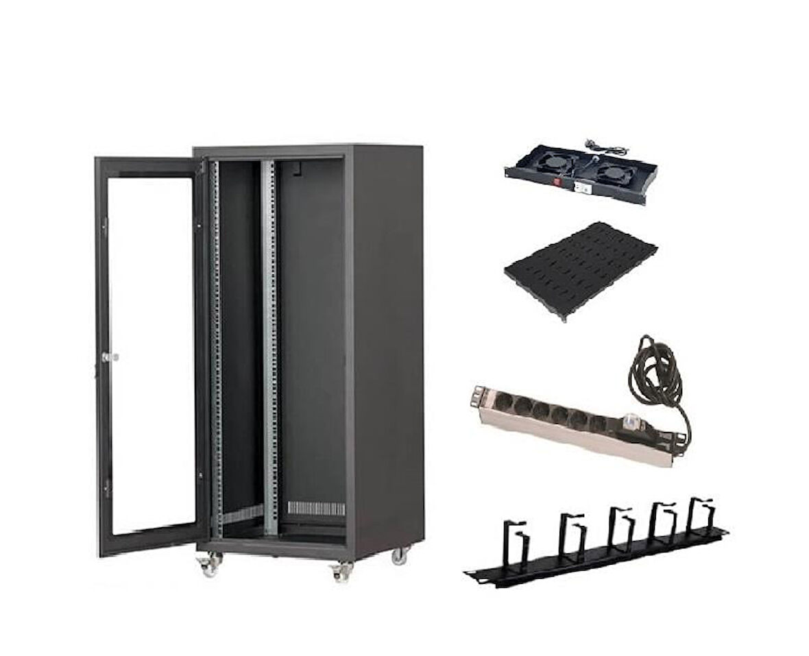 SETRACK 19'' 20U 600X600 RACK KABİNET+2LİFAN+SABİT RAF+GRUP PRİZ+KABLO ORGANİZER